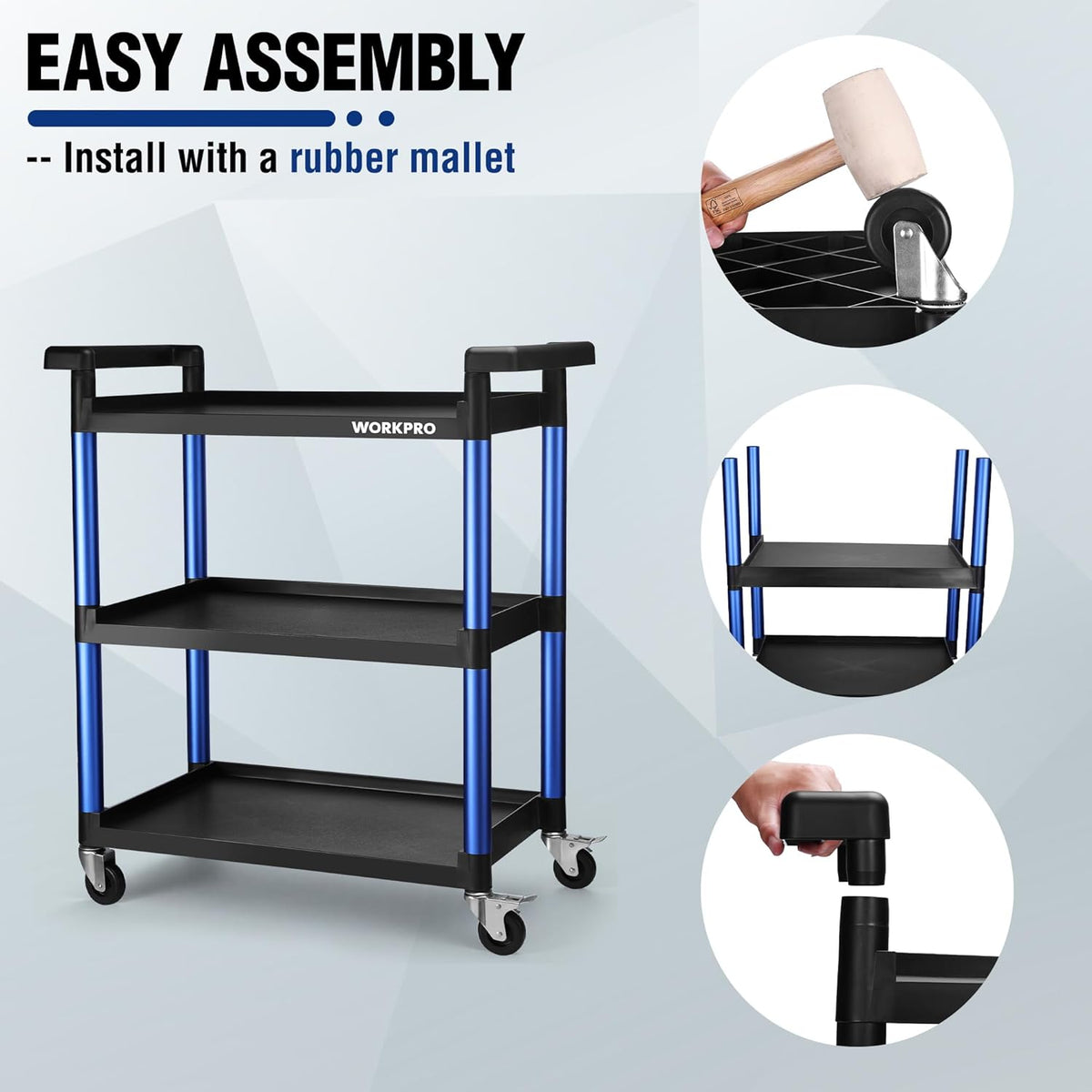 3-tier utility cart with blue frame and black shelves, assembly shown with mallet