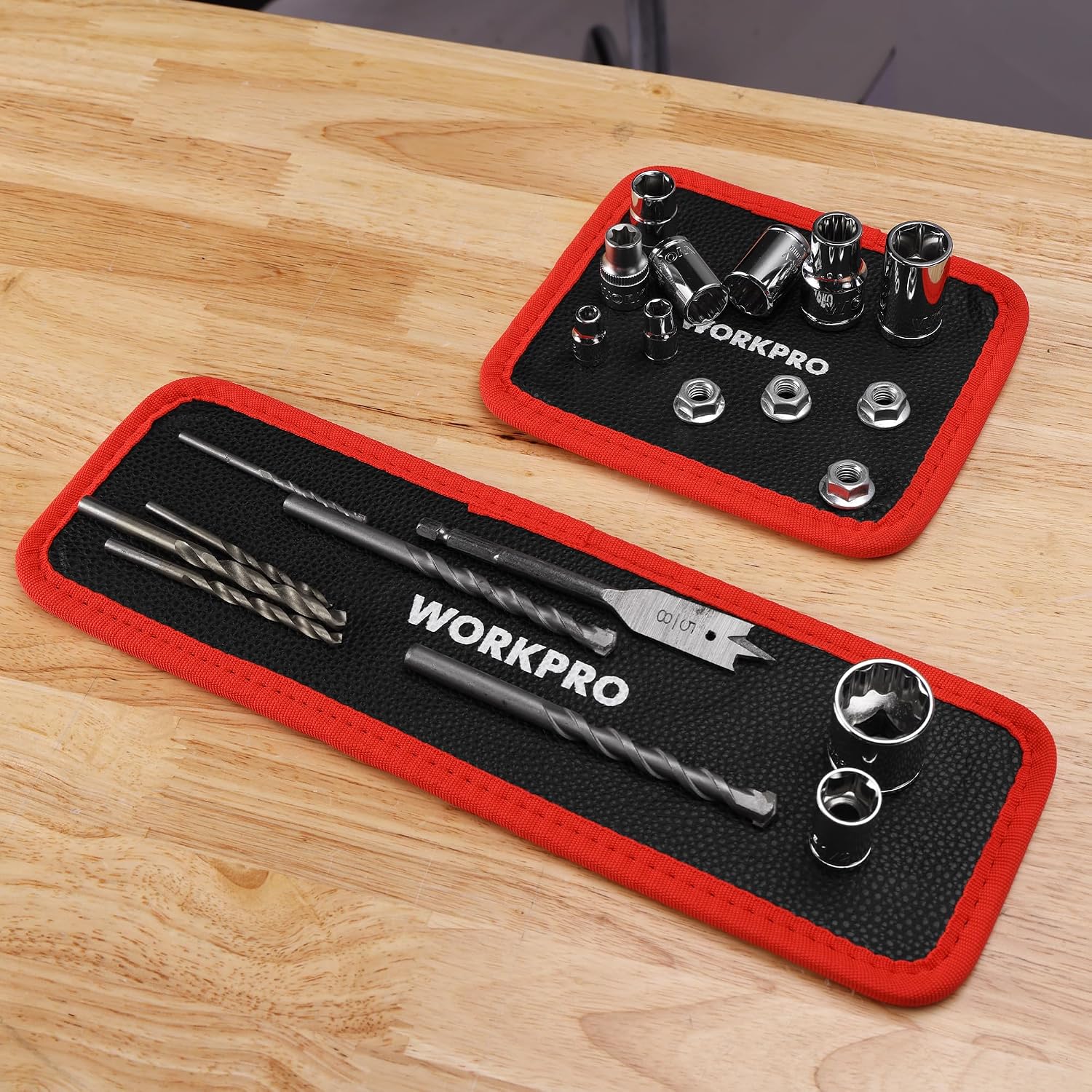 Two-piece magnetic tool holder set on a workbench with sockets and drill-bit tools
