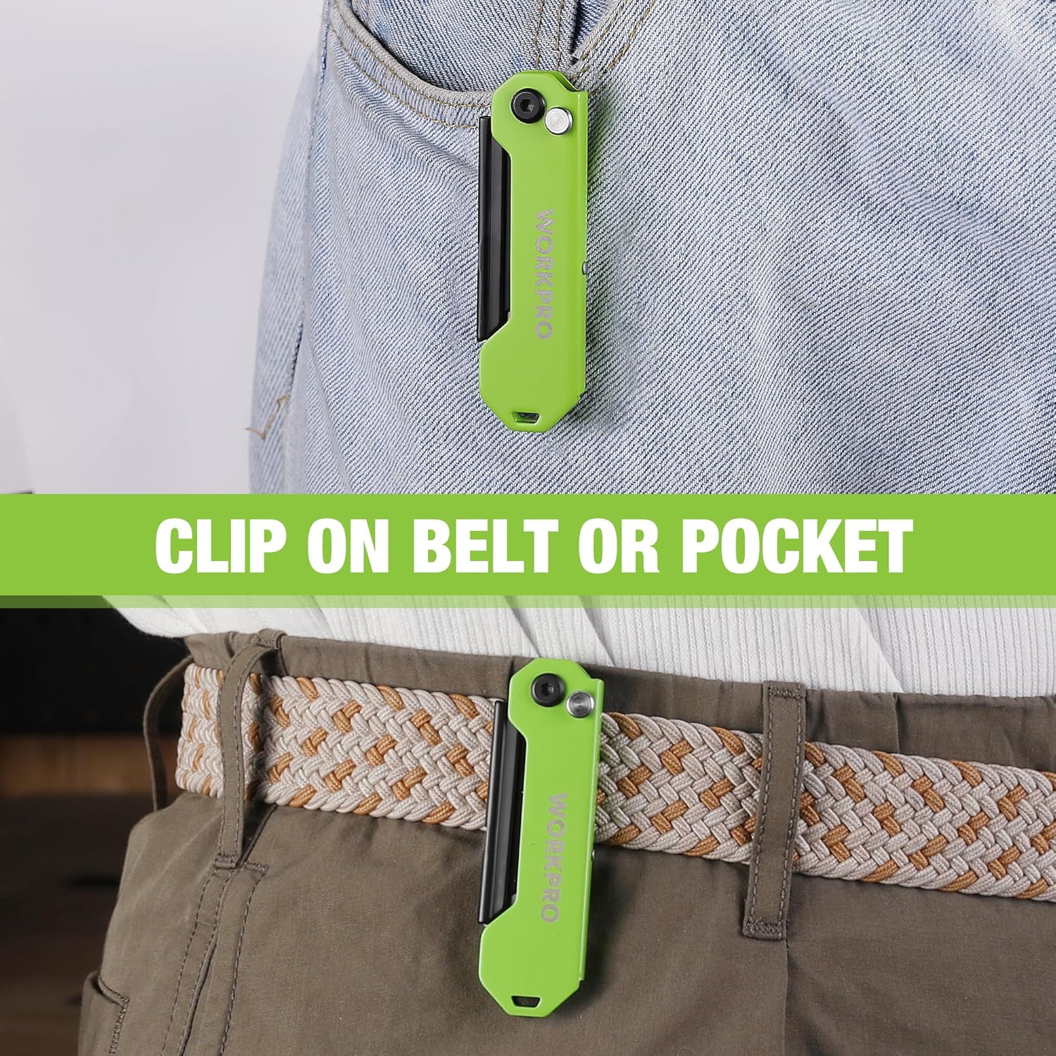 Green folding utility knife clipped on denim pocket or belt