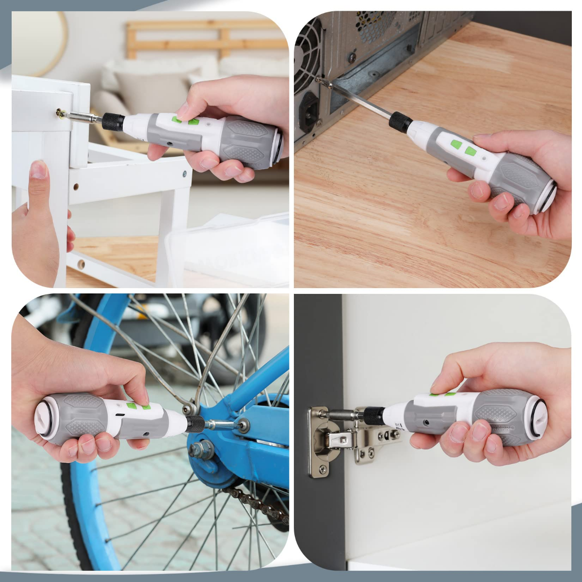 Pink and white cordless screwdriver in hand driving a screw into a wooden board