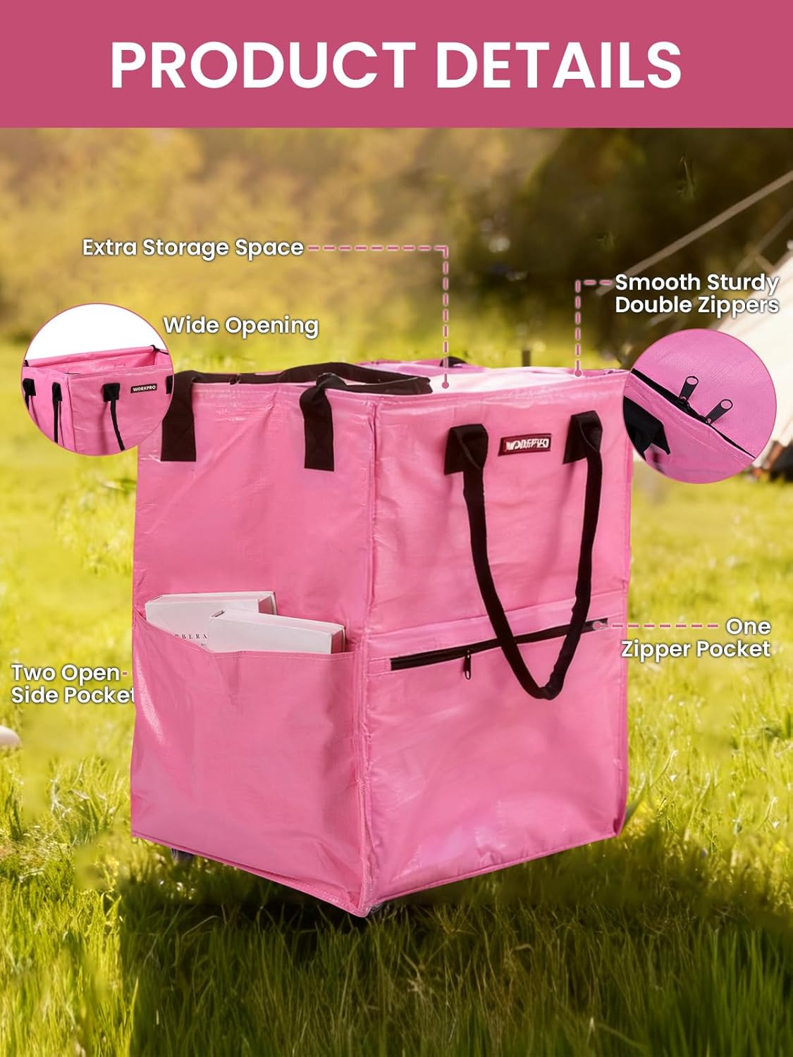 Pink rolling tote product detail view: wide opening, zipper, and side pockets
