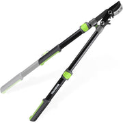 Extendable anvil lopper with black handles and green grips, open cutting head