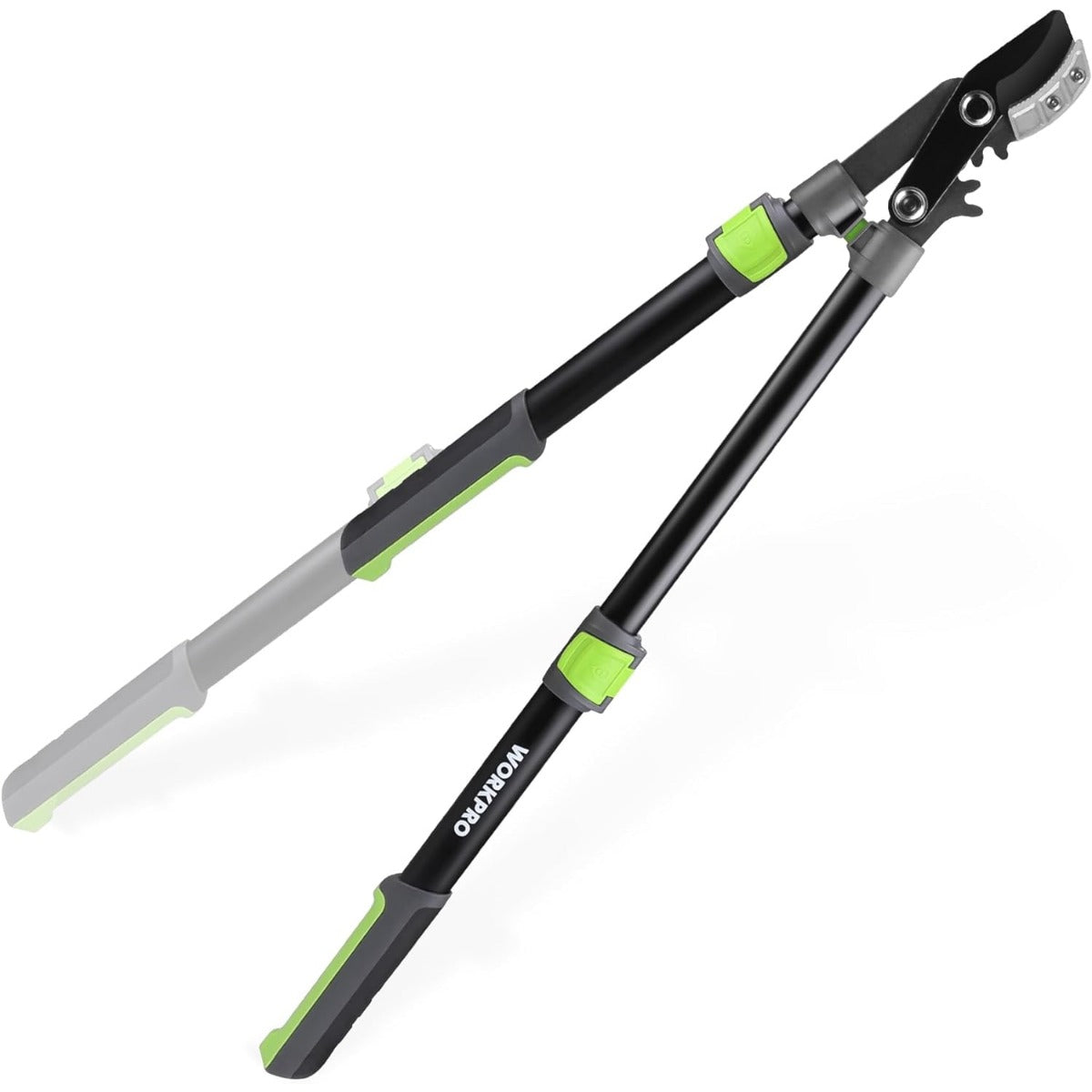 Extendable anvil lopper with black handles and green grips, open cutting head