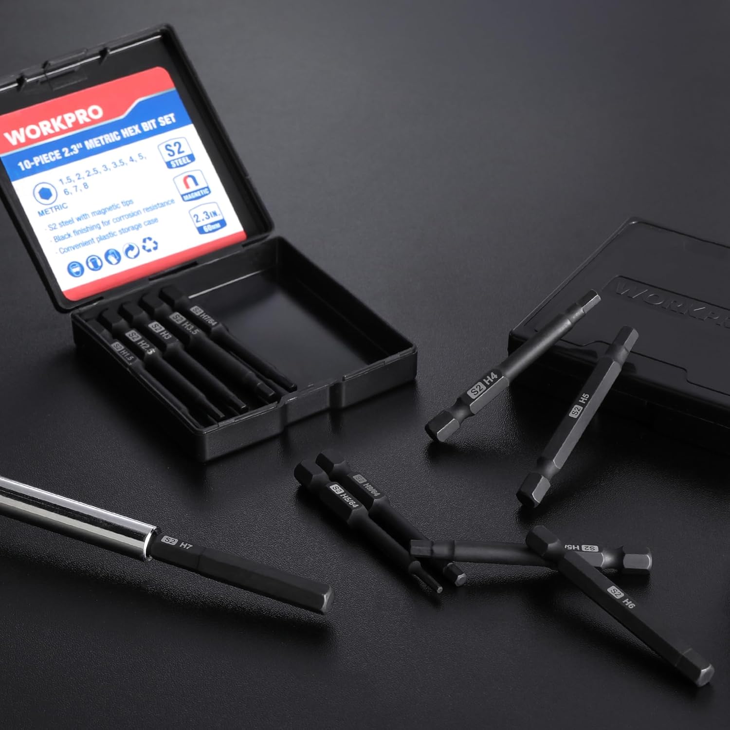 Hex Allen wrench drill bit set with open storage tray holding multiple bits