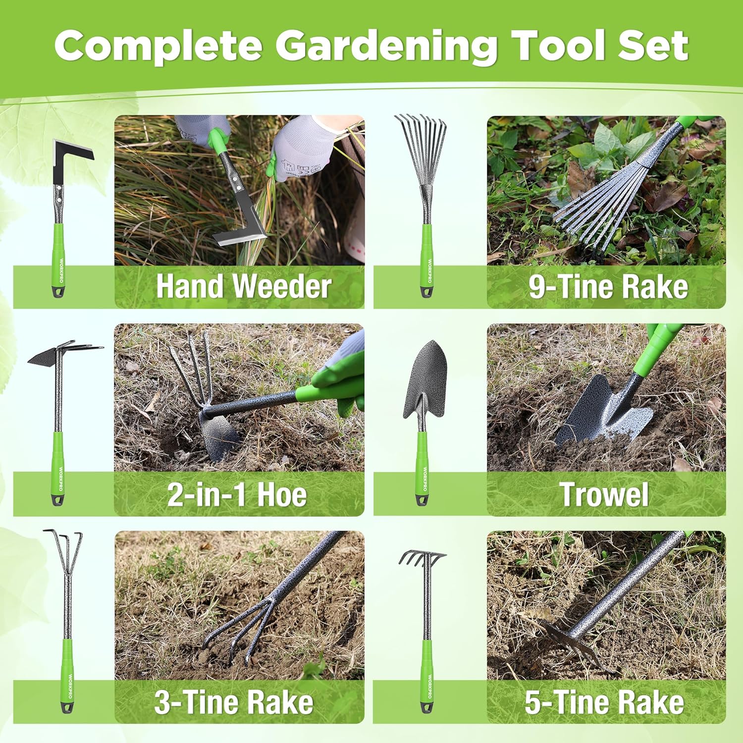 Complete 6-piece gardening tool set with green handles and metal tool heads