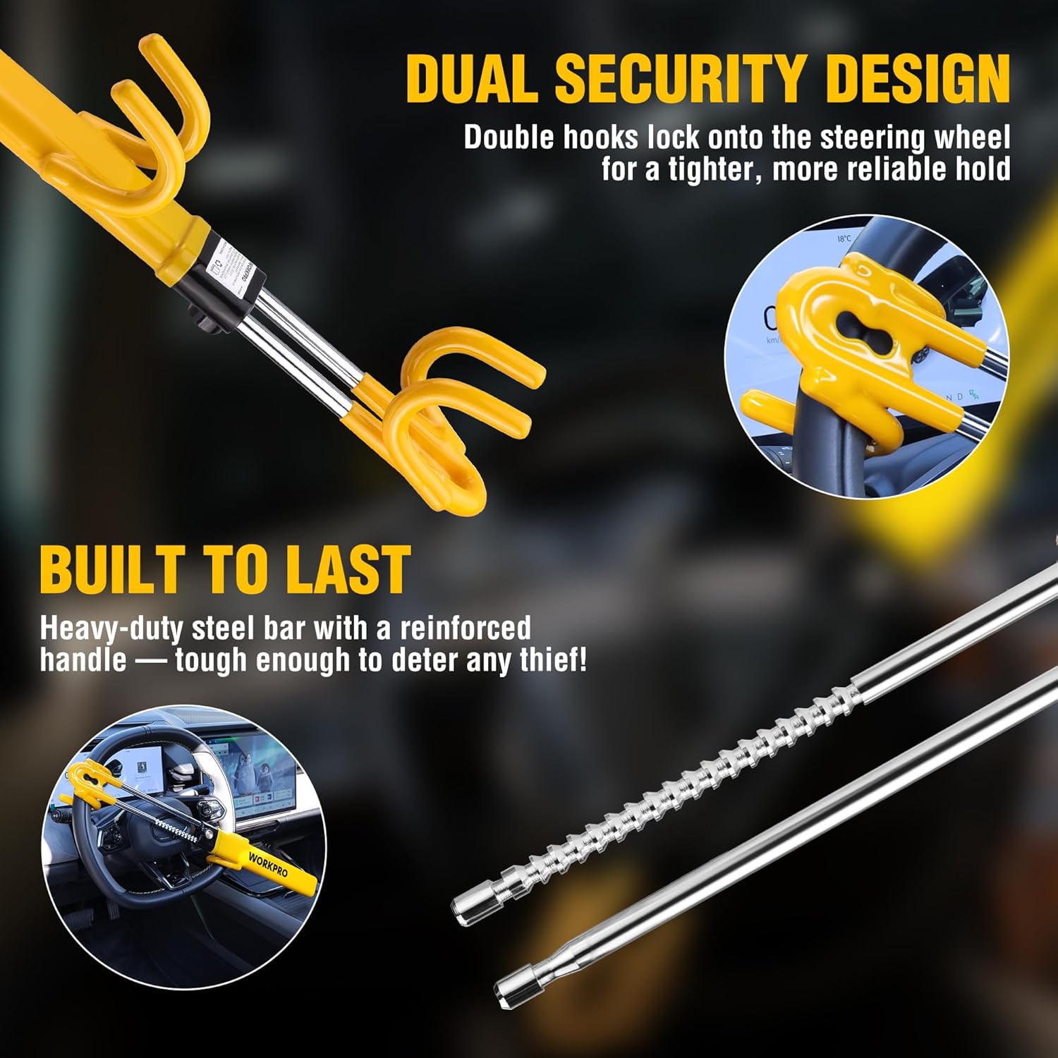 Yellow dual-hook steering wheel lock with reinforced steel shaft and key cylinder