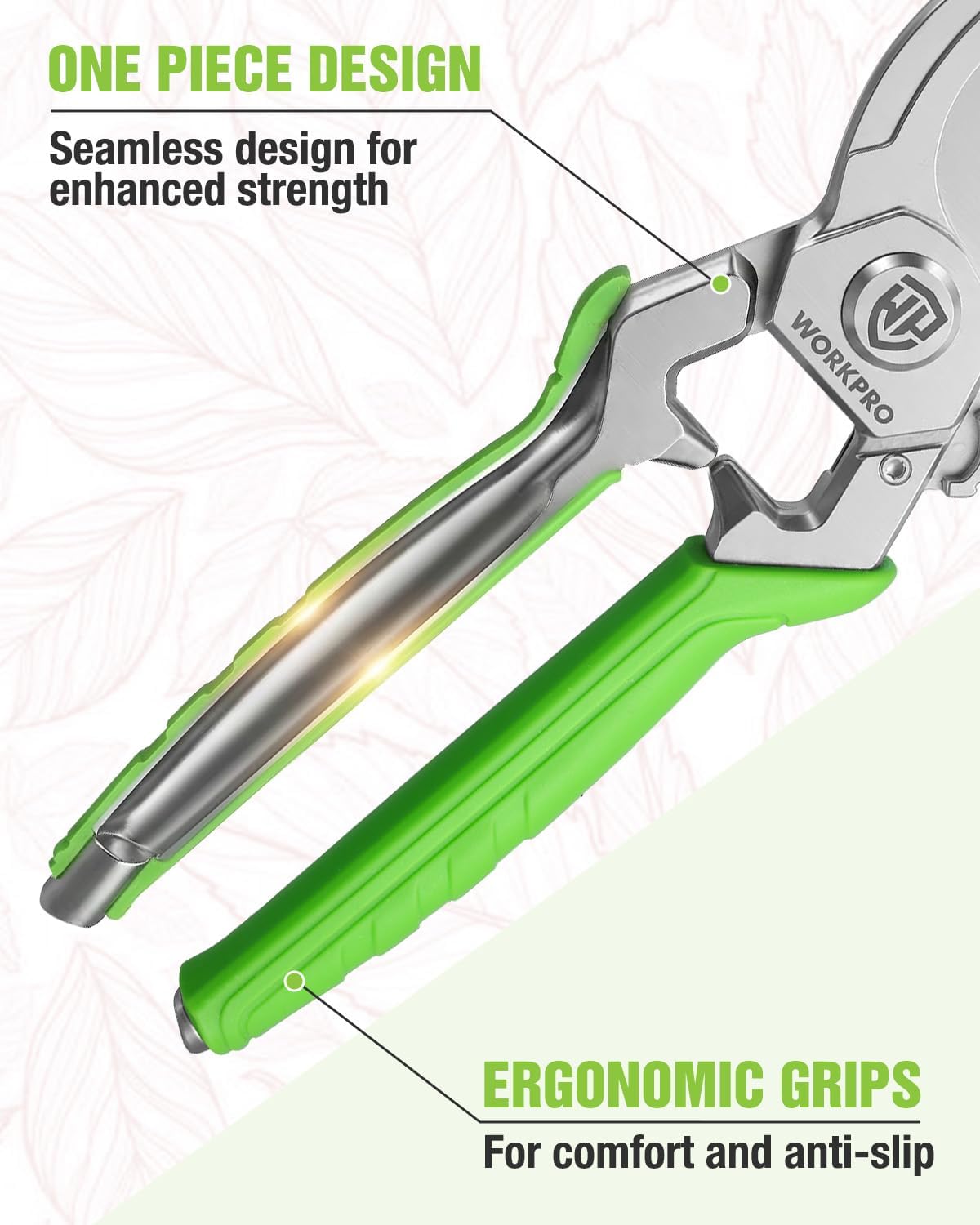 Curved silver bypass blade with ergonomic green handle on pruning shears