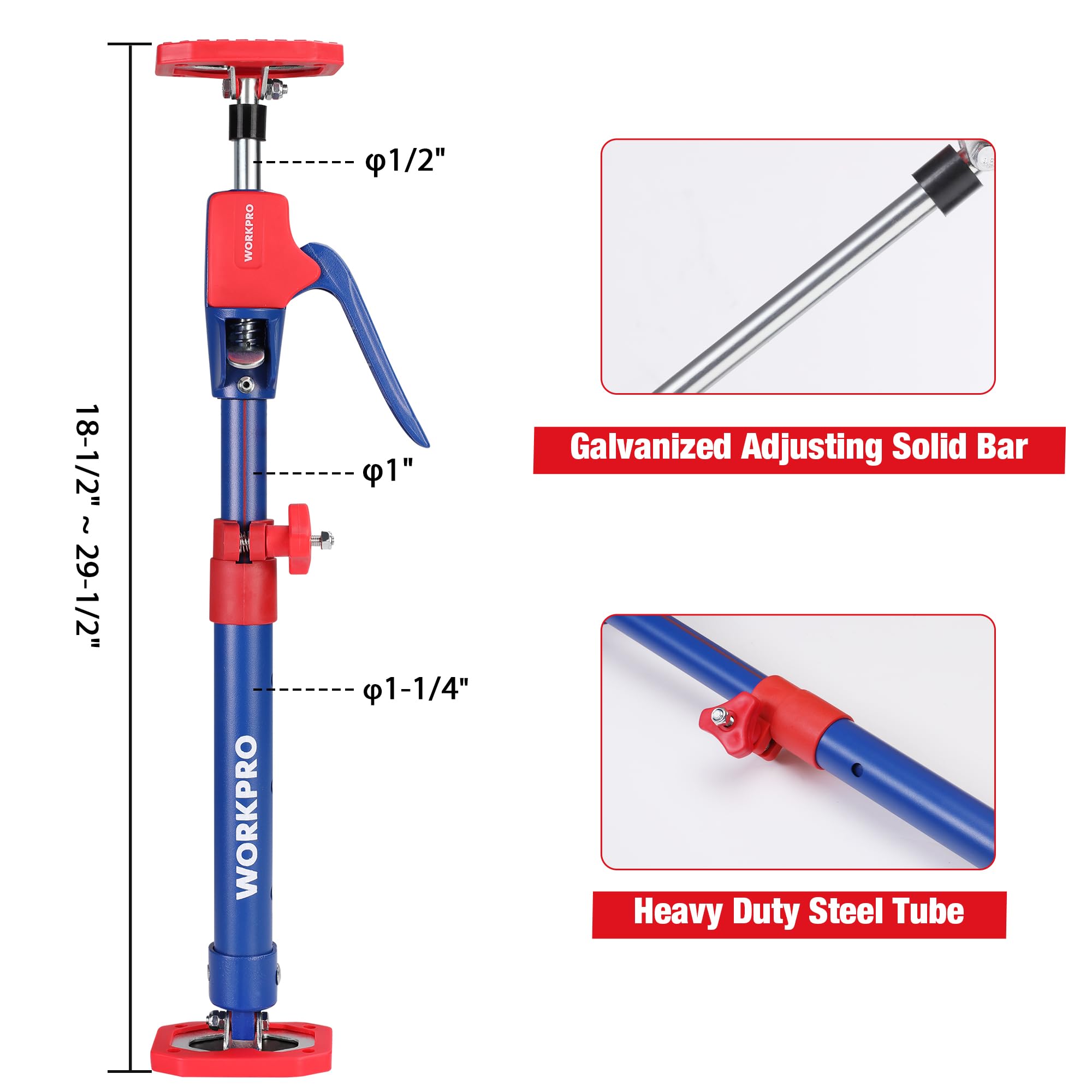 Adjustable cabinet jack support pole with red head, blue tube, and wide red base pad.