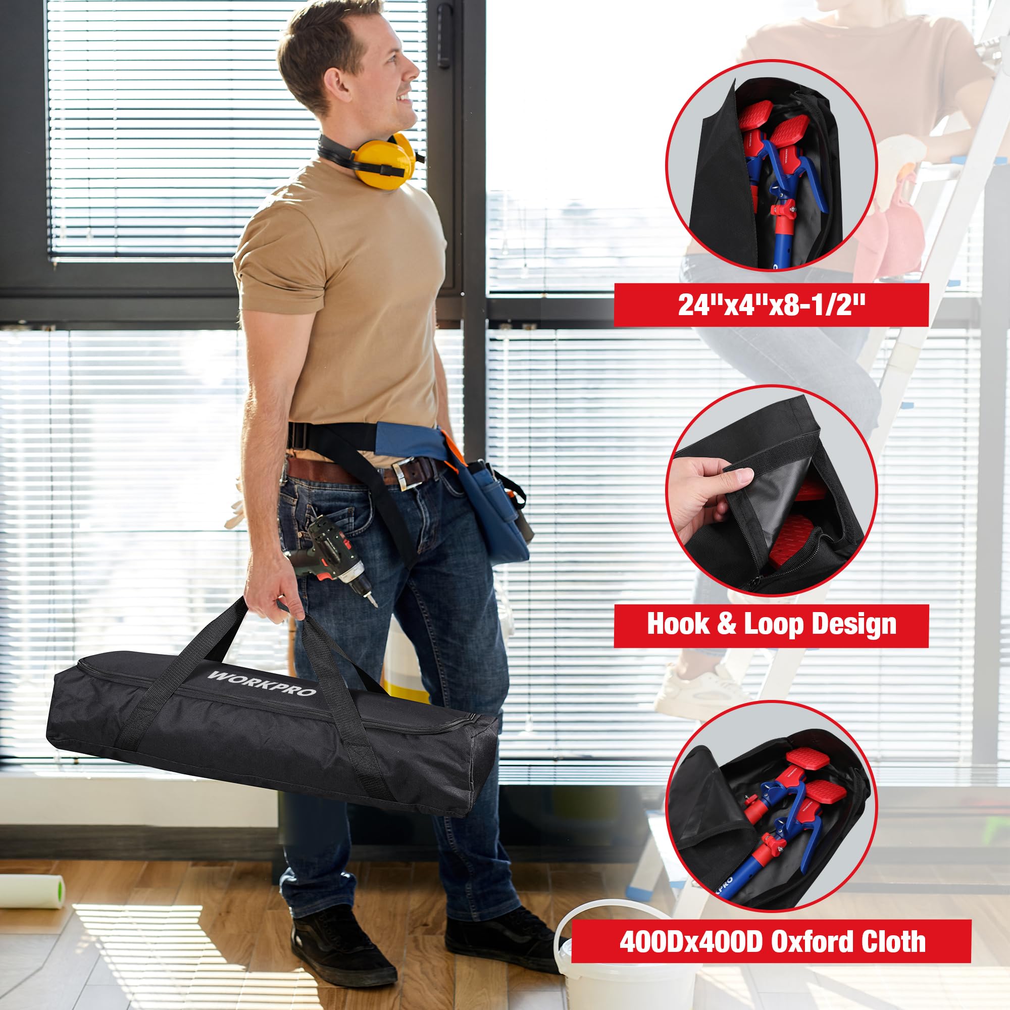 Cabinet jack support pole carried by a worker; red-blue handle and padded top.