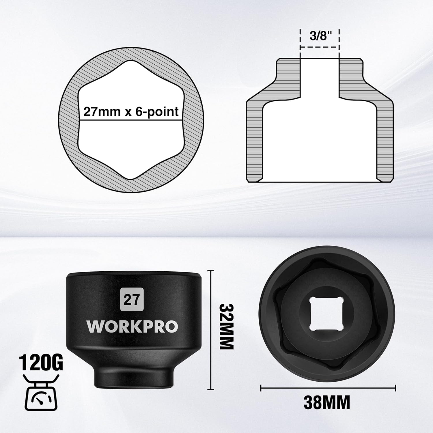 27mm 6-point oil filter socket wrench with 3/8 in drive