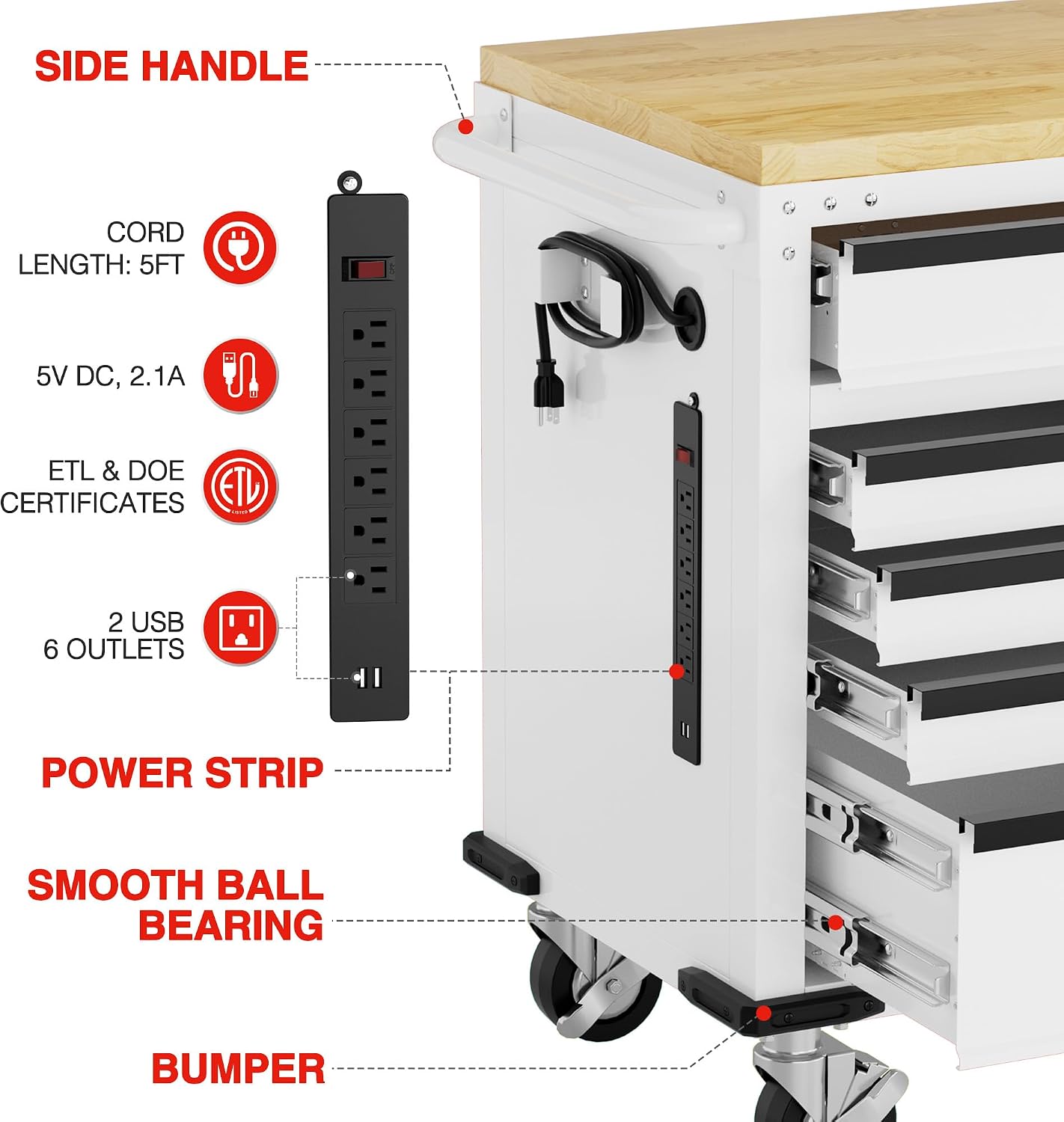 Mobile tool chest with power strip, USB outlets, side handle, and locking wheel