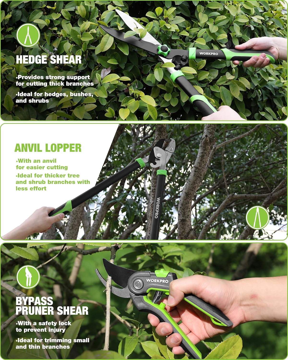 Three-piece garden shears: hedge shear, anvil lopper, bypass pruner, green grips