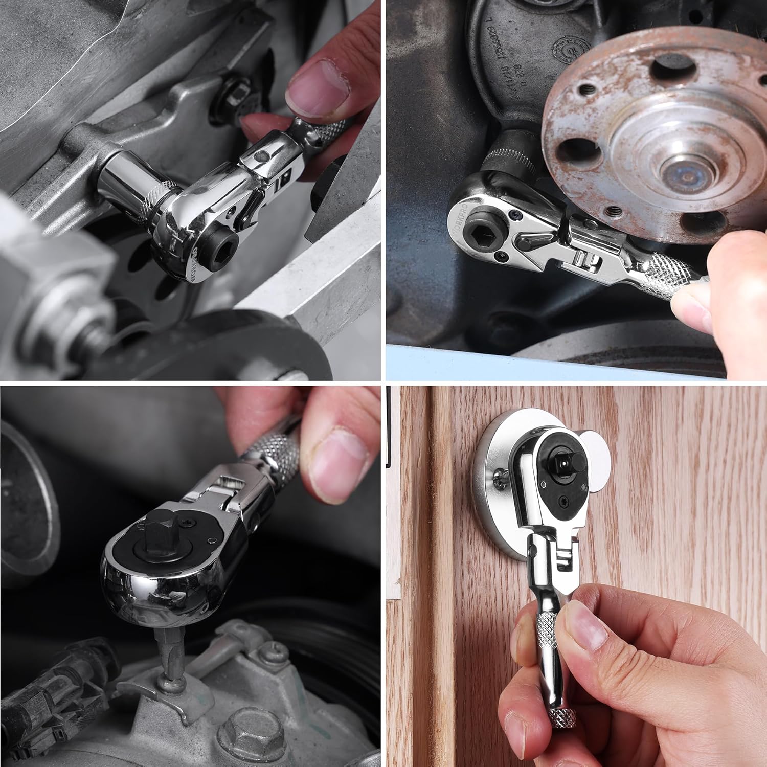 Stubby ratchet wrench used on tight-access fasteners with socket drive