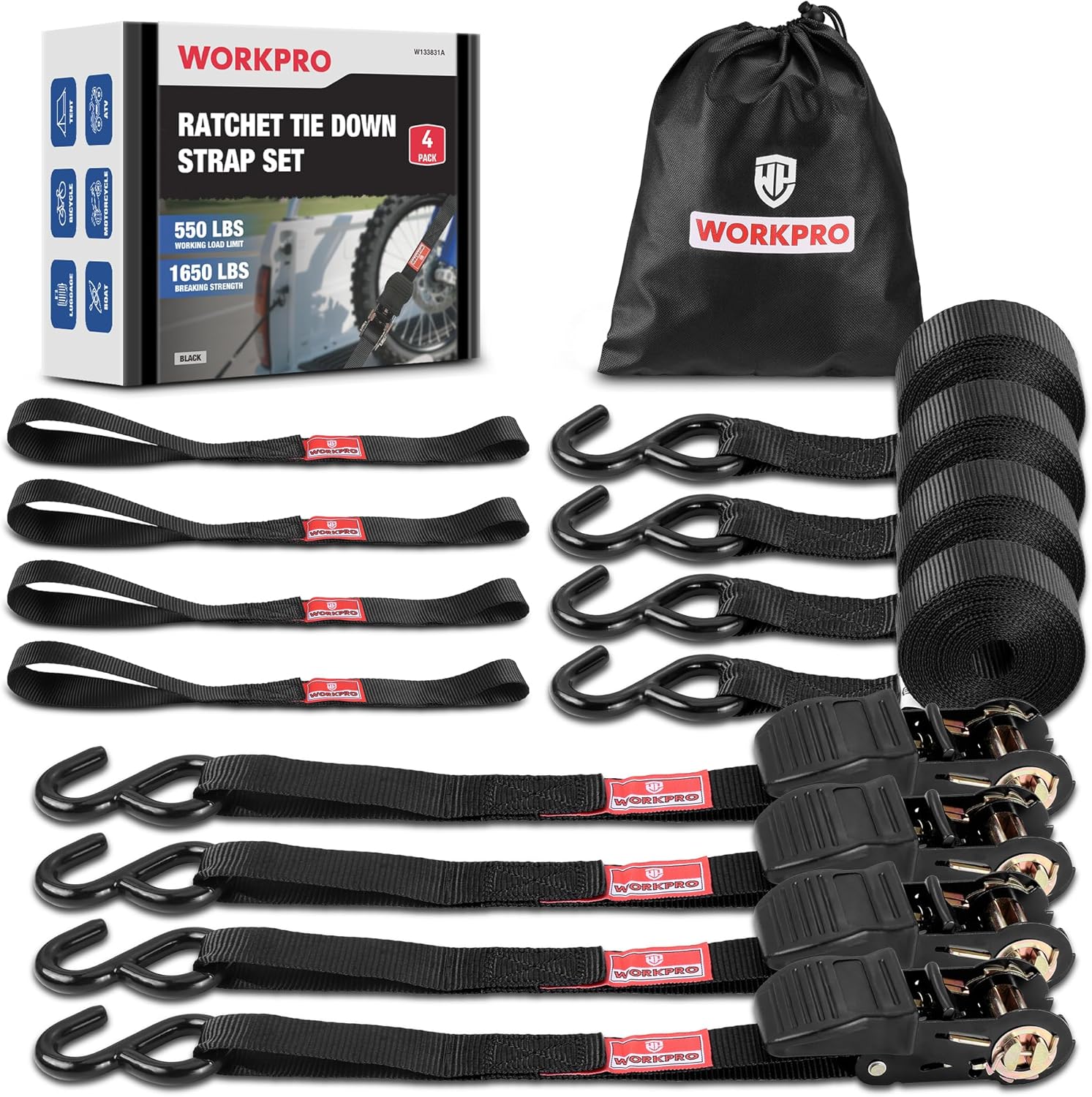 WORKPRO black ratchet tie down straps set with soft loops, hooks, and carrying bag, 4-pack