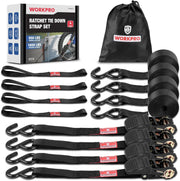 WORKPRO black ratchet tie down straps set with soft loops, hooks, and carrying bag, 4-pack
