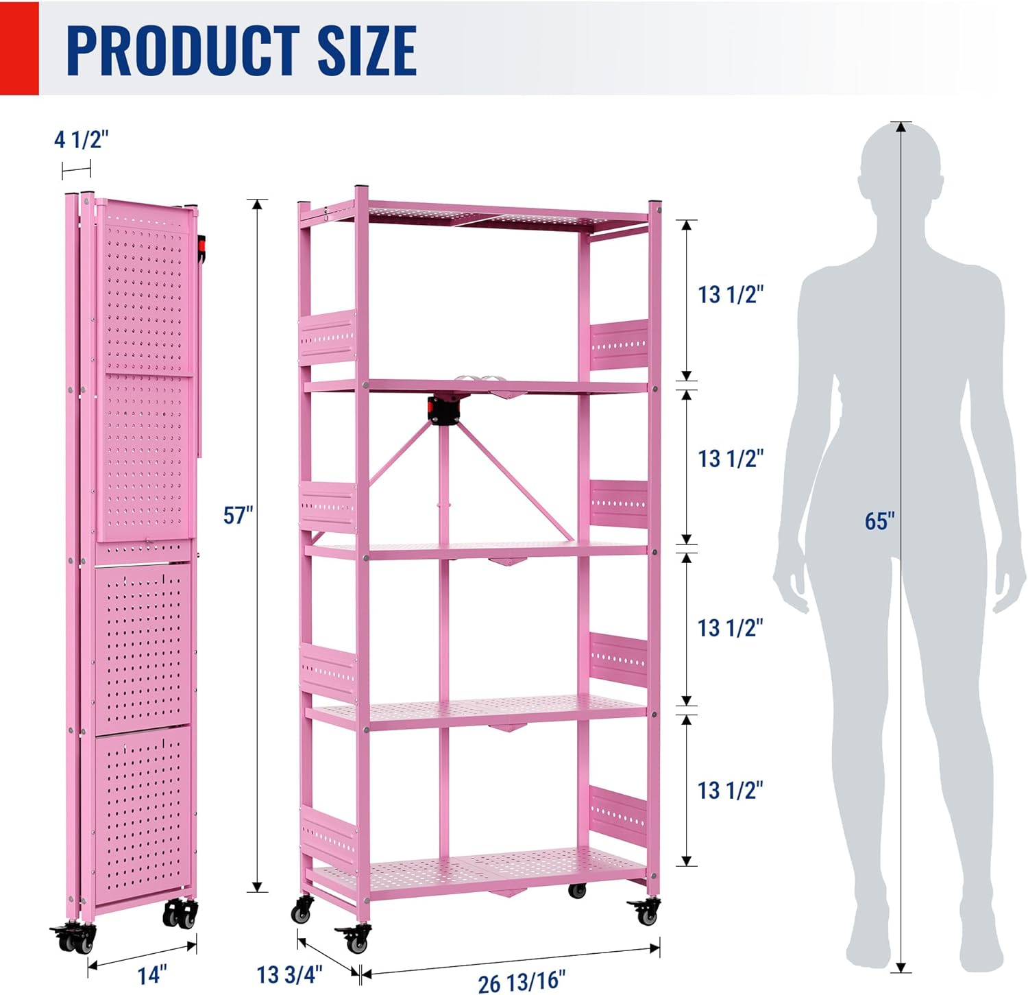 Pink 5-tier folding shelf rack with wheels shown with size measurements and full frame view