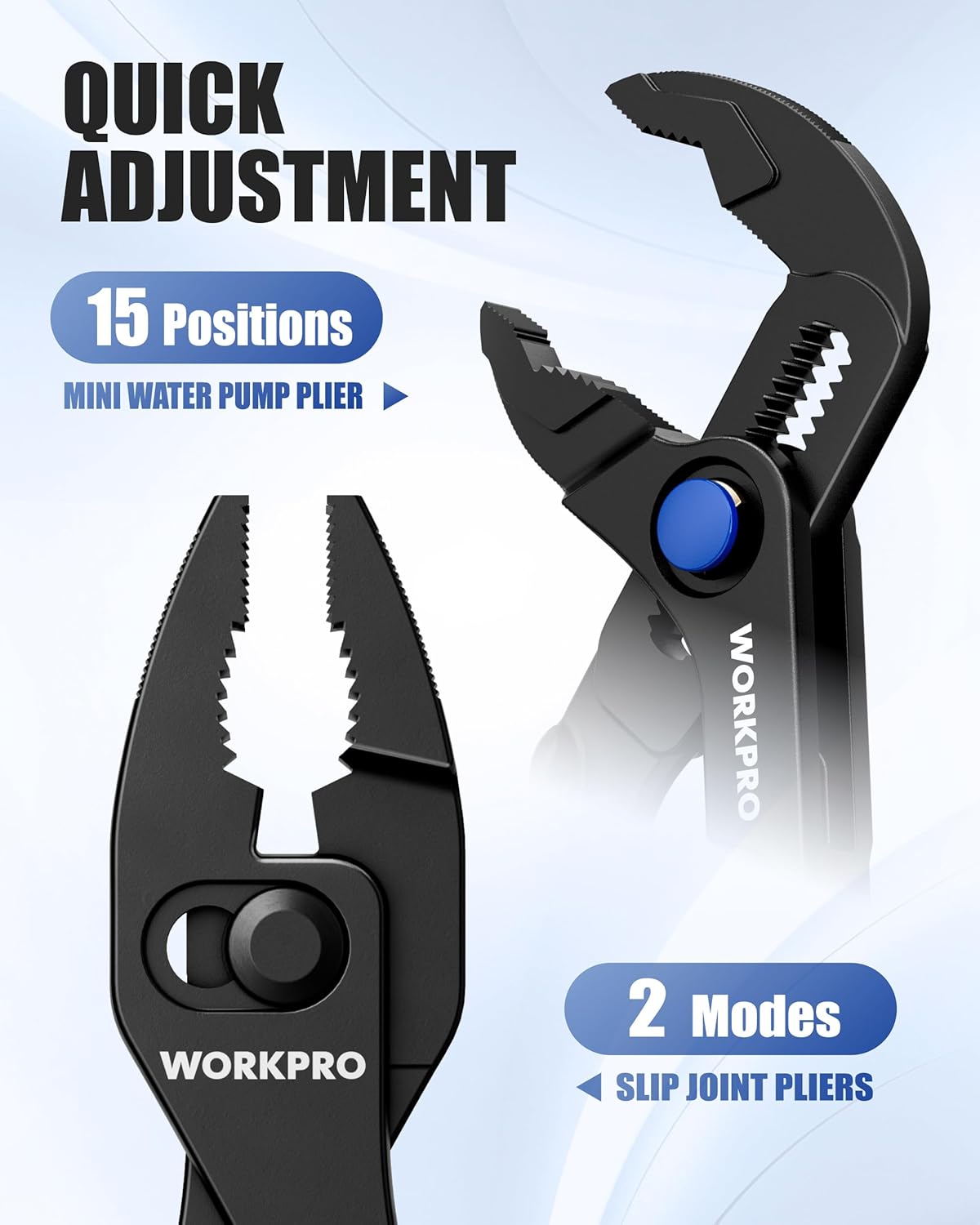 Water-pump plier with black jaws and blue knob; slip-joint plier included