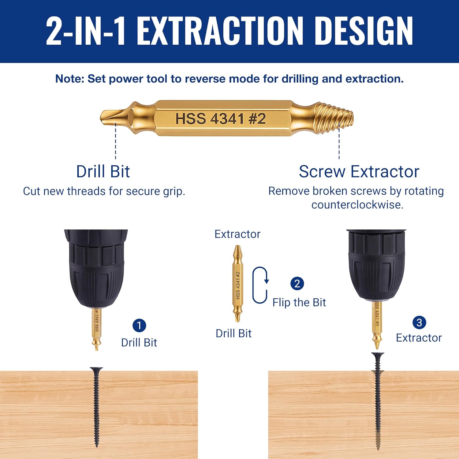 Titanium-coated screw extractor drill bit set with HSS 4341 #2 gold finish