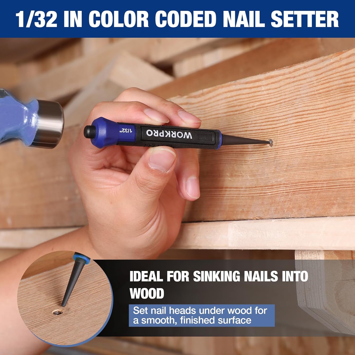 Blue nail setter with 1/32 in hollow point tip for smooth flush nail setting
