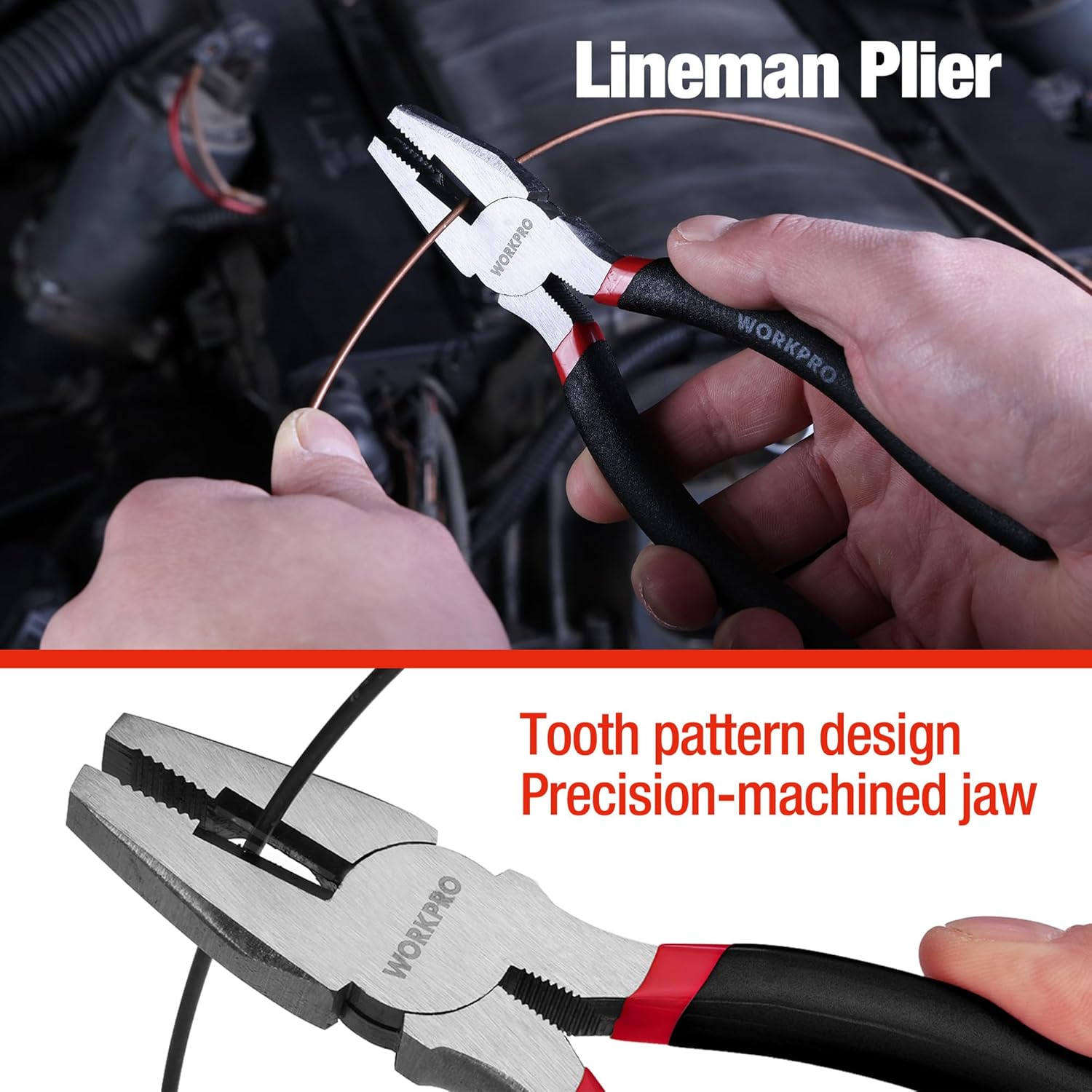 Lineman pliers with serrated jaws and black-and-red handle for wiring tasks