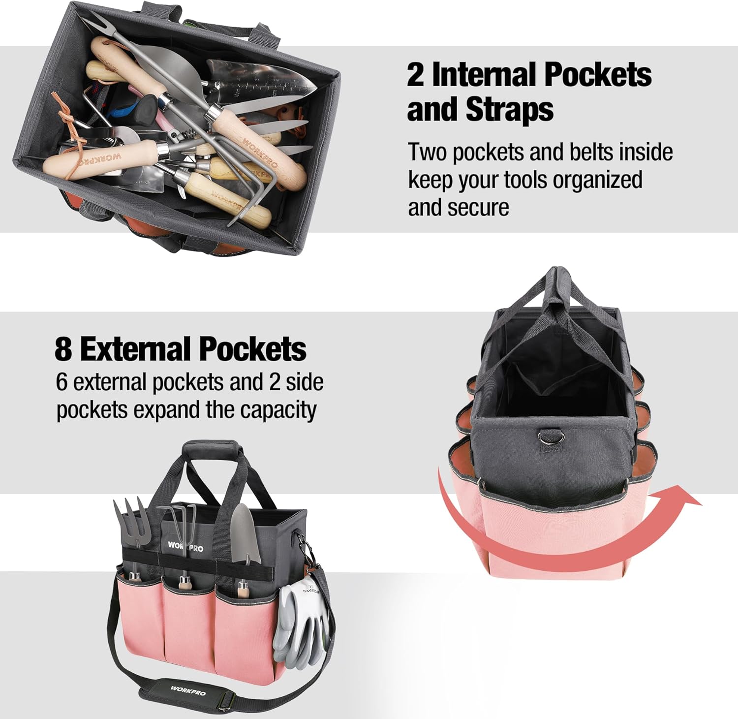 WORKPRO pink tool organizer bag open top with interior pockets, straps, and exterior tool pouches