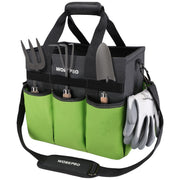 Green and black tool tote bag with long strap, padded handle, and front storage pockets