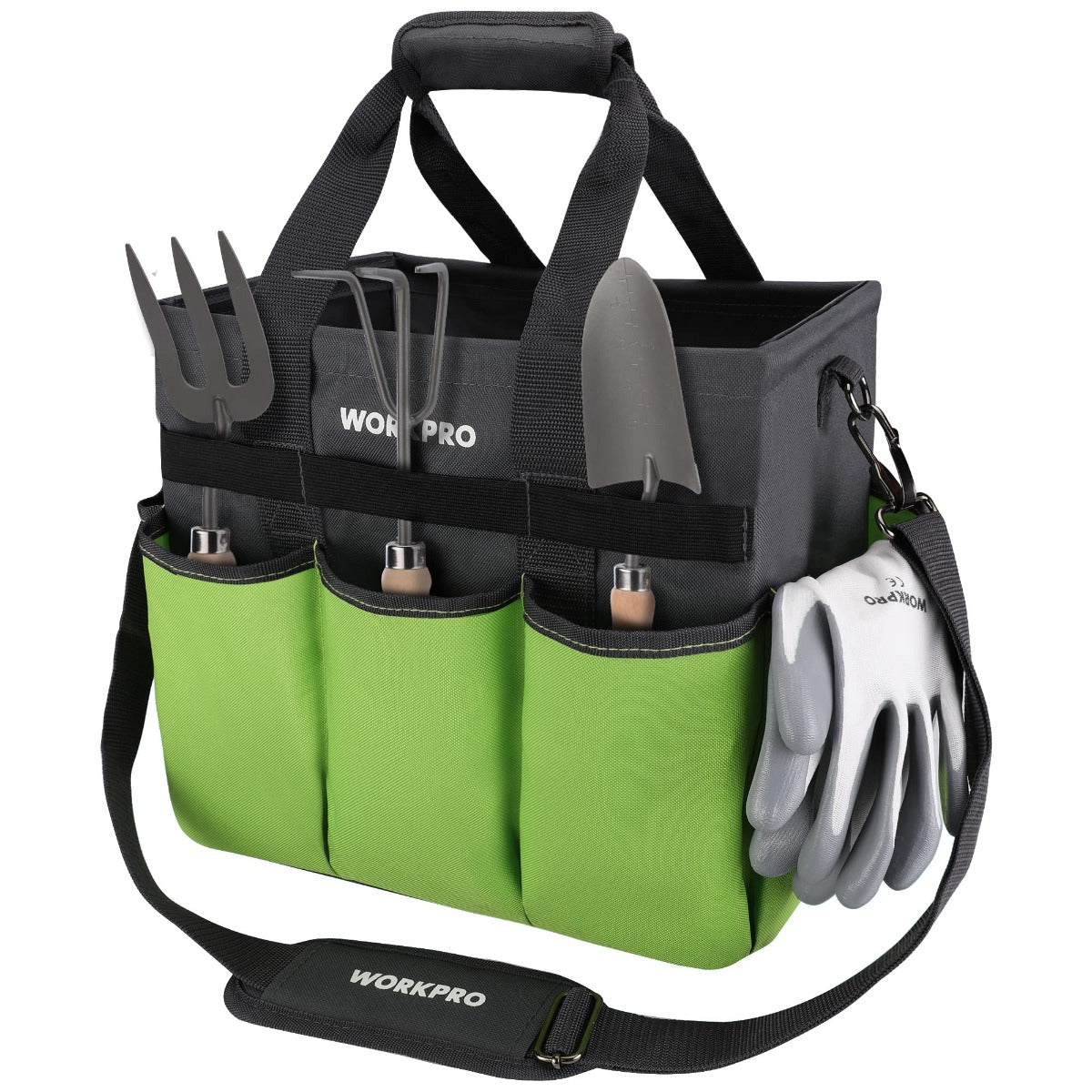 Green and black tool tote bag with long strap, padded handle, and front storage pockets