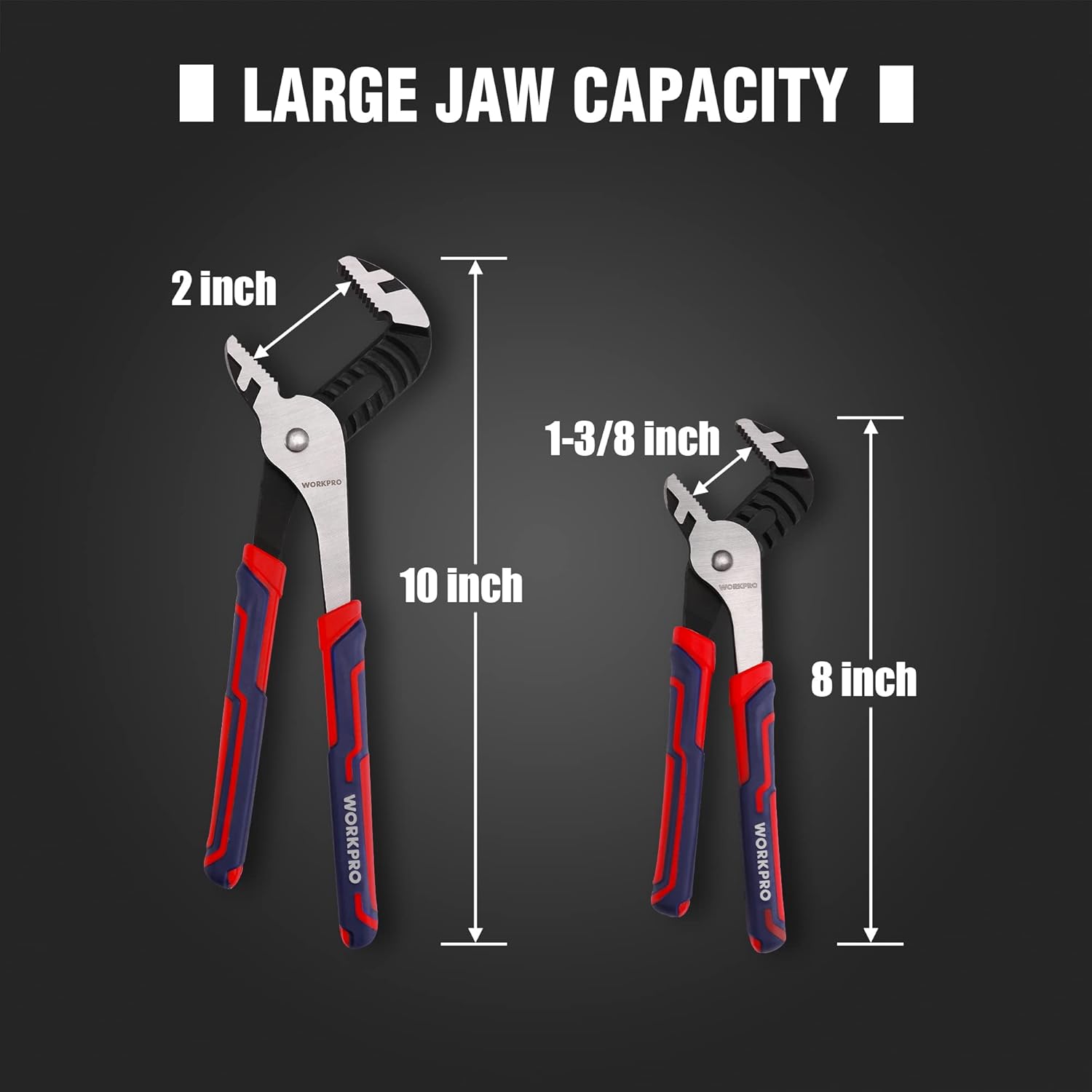 8 in and 10 in adjustable groove pliers with wide jaws and red/blue handles