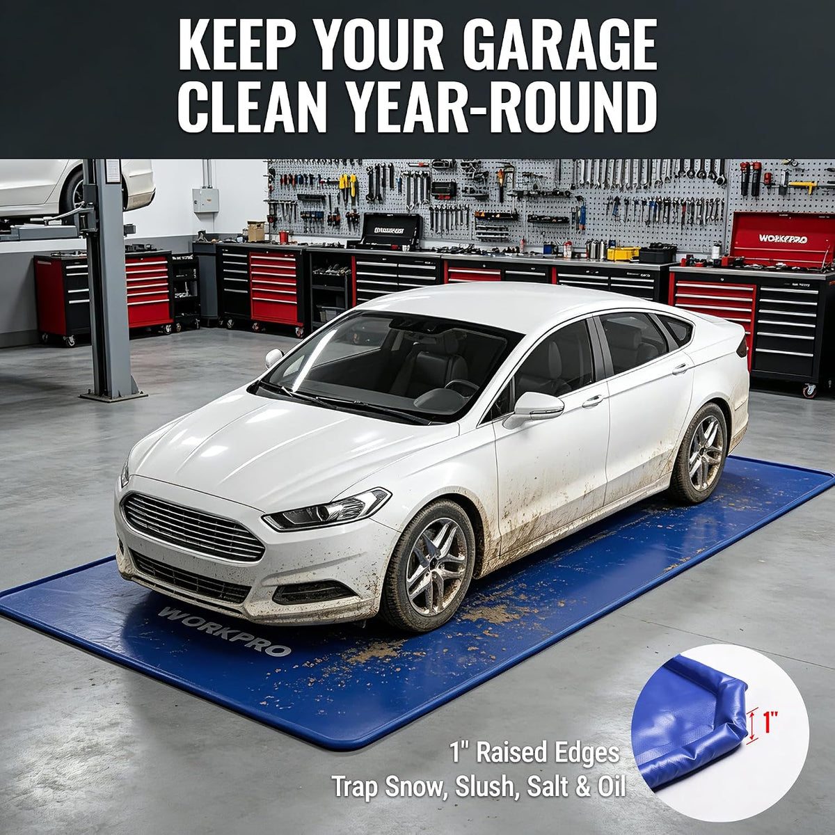 Workpro garage floor mat for under car in blue, shown beneath a white vehicle with mud along its lower body