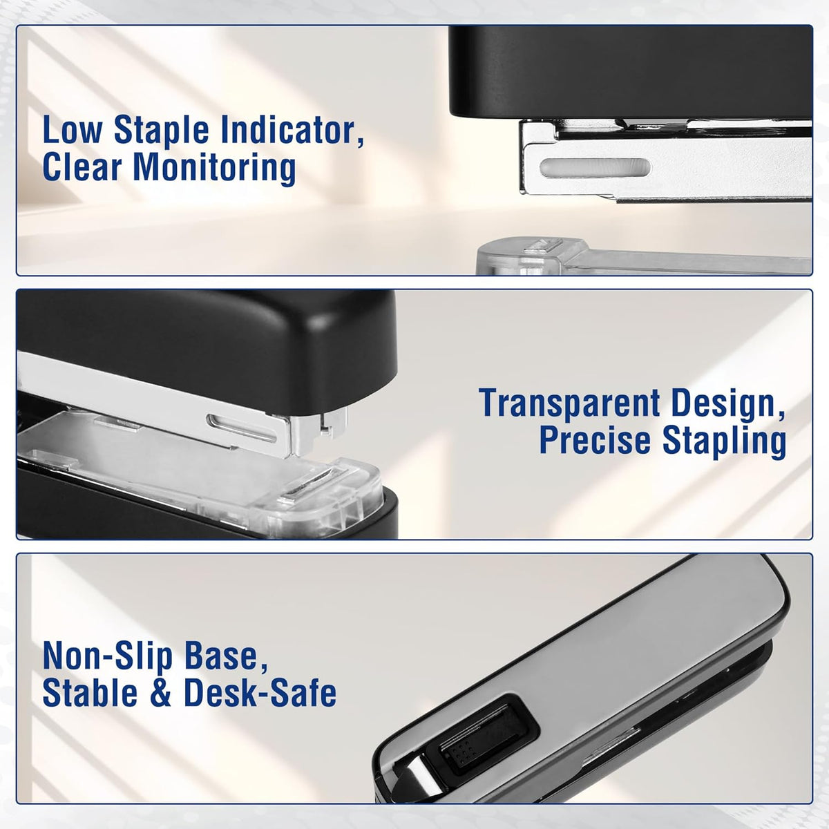 Black stapler with transparent base window and low staple indicator area