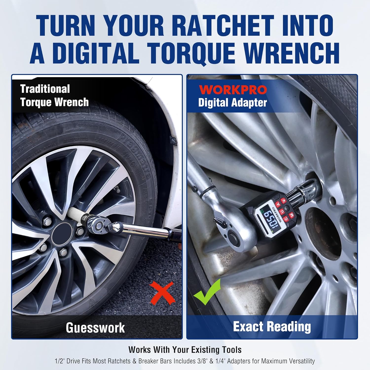 WORKPRO digital torque adapter on ratchet showing precise reading on screen