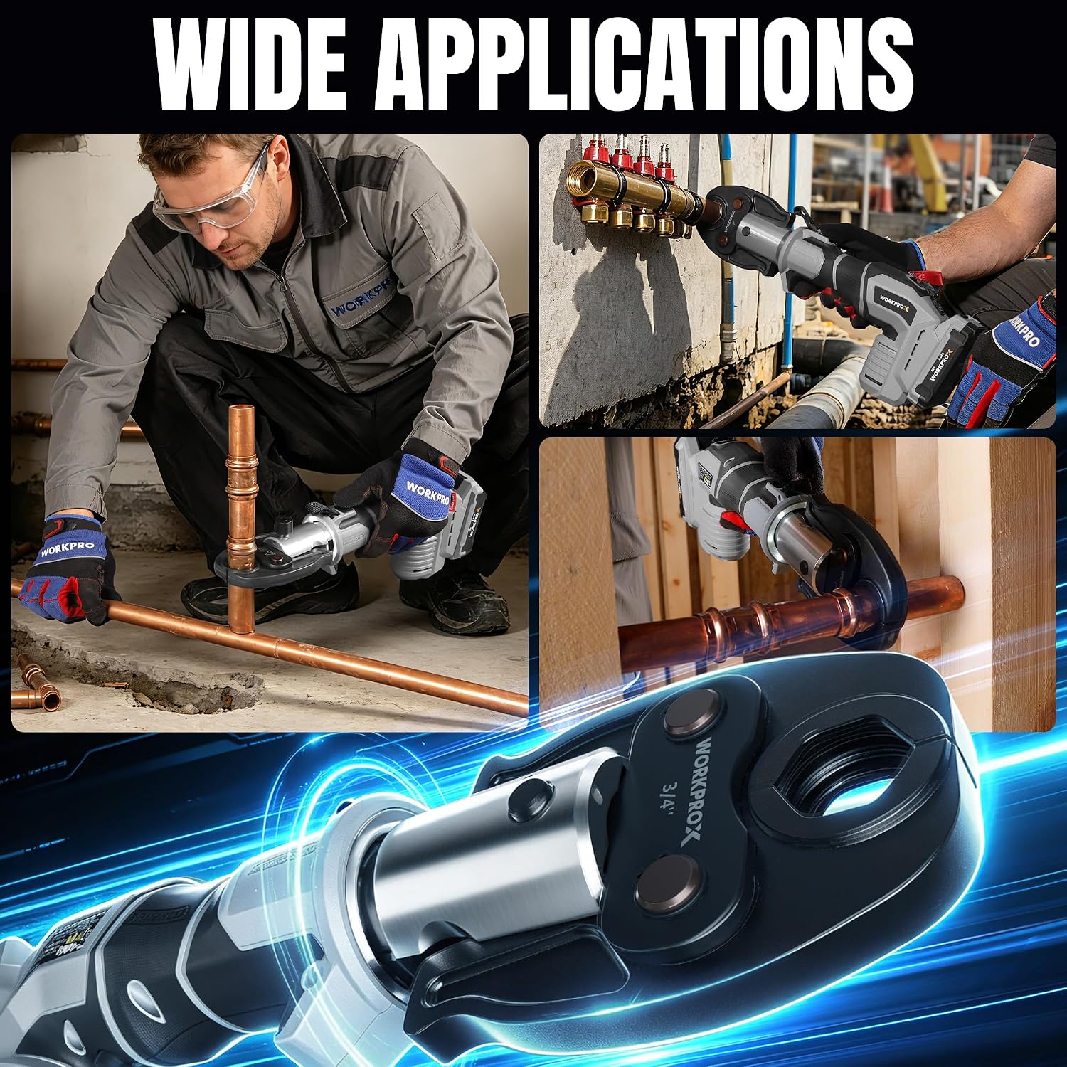 Cordless pipe crimping tool applying crimps on copper pipes