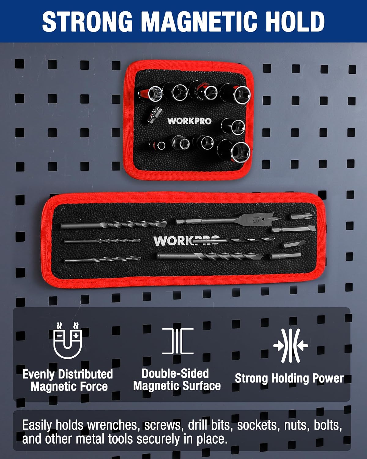 Red-edged black magnetic tool holder pads securing assorted metal tools on perforated board