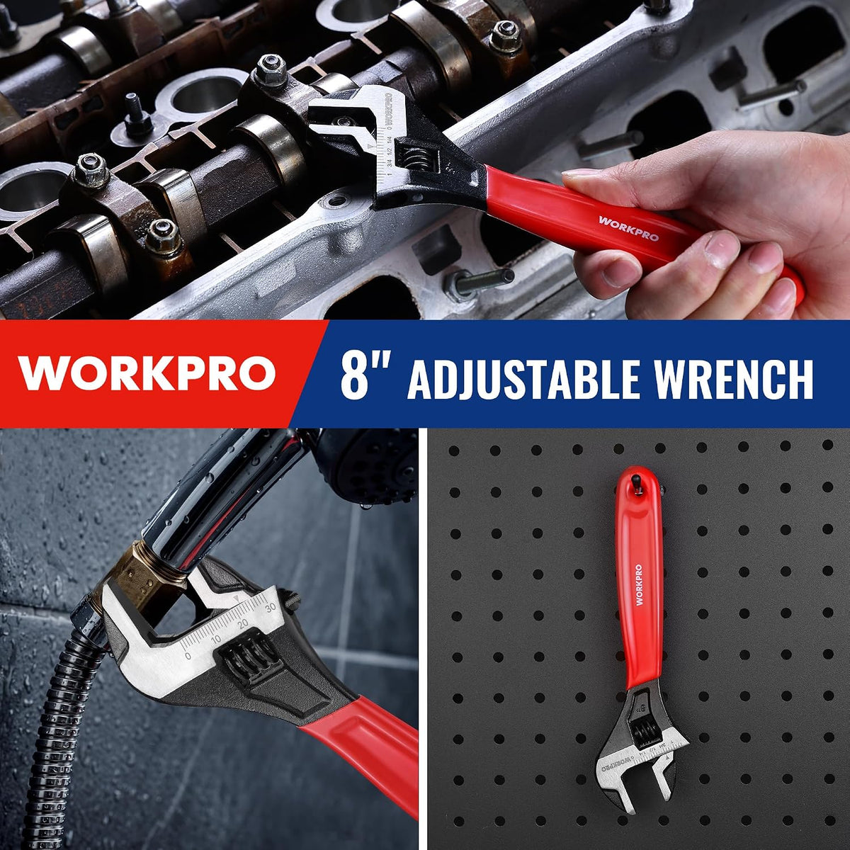 WORKPRO 8-Inch Adjustable Wrench, Cr-V Steel Wide Jaw Black Oxide Wrench
