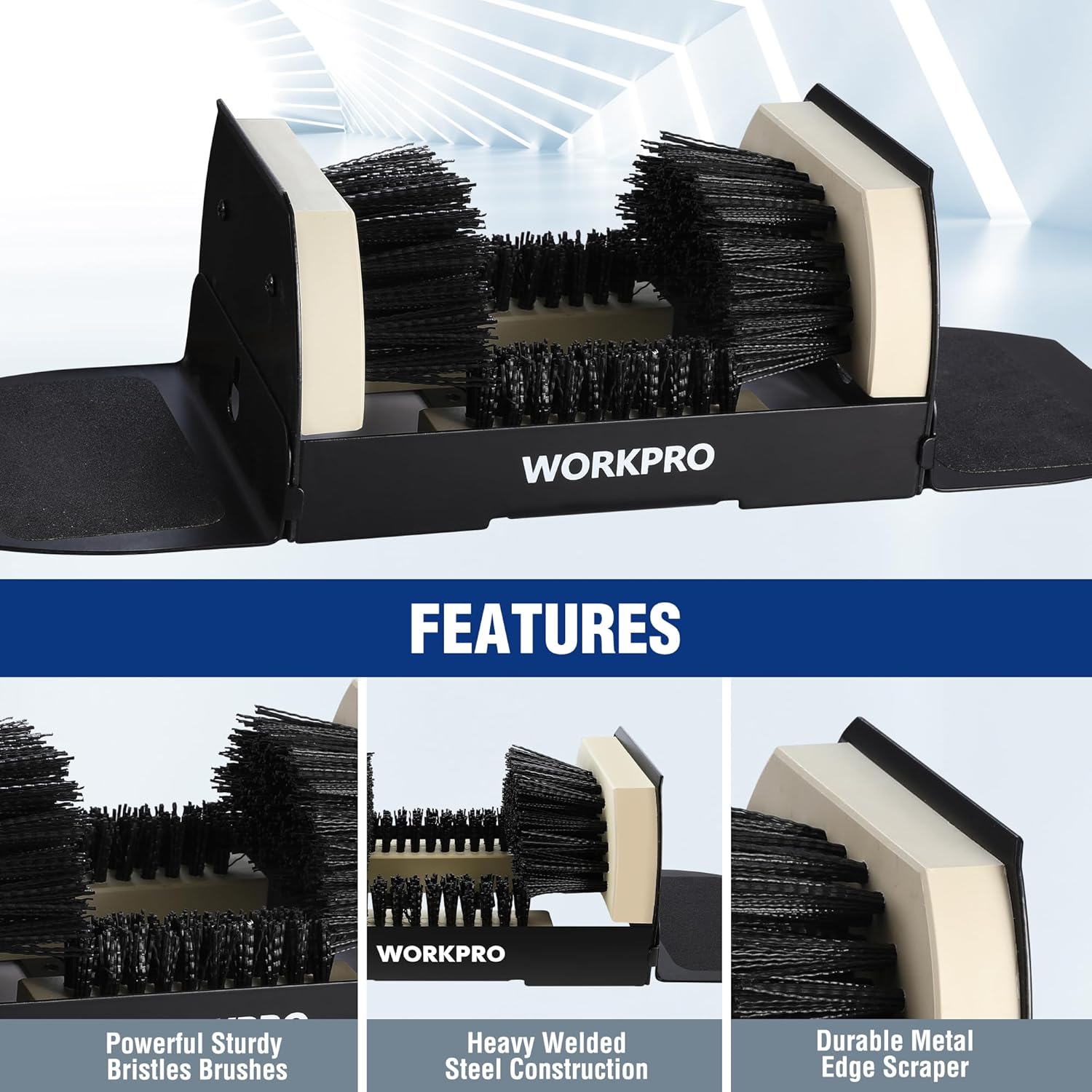 Boot scrubber brush with durable black base, black bristles, and beige side holders