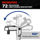WORKPRO 1/4 inch Drive Extra Long Flex Head Ratchet, 12 Inch Long CR-V Steel Ratchet Handle with Chromium Plating, CR-MO Head, Quick Release Reversible Design, 72-Tooth