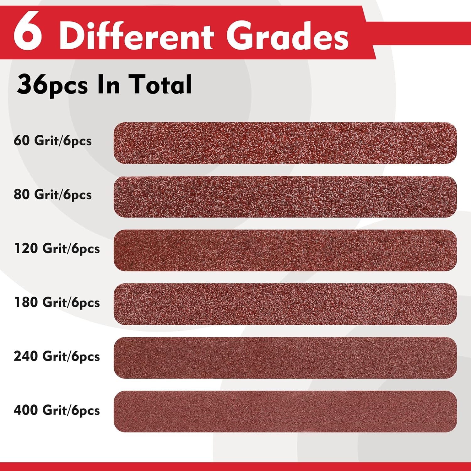 Maroon sanding belt strips showing different grit levels in one pack