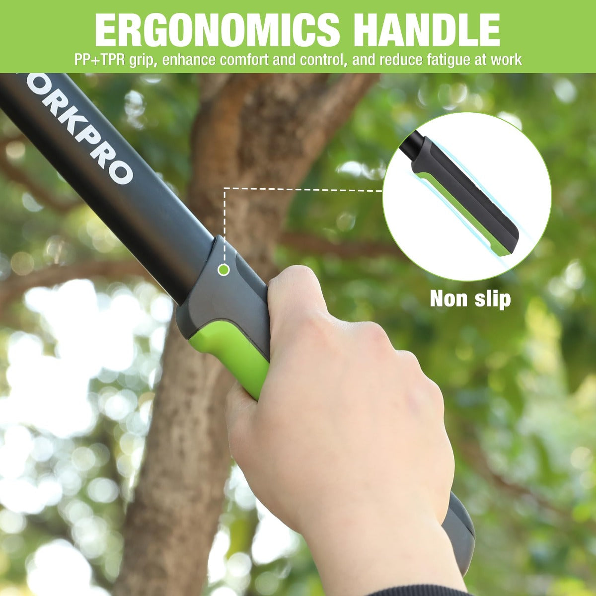 Hand holding WORKPRO lopper handles with green non-slip grip texture