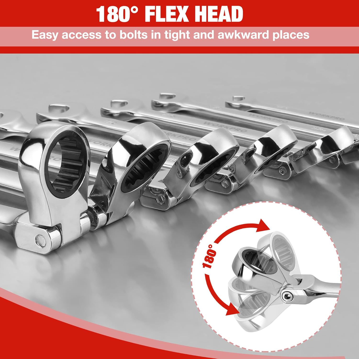 Flex-head ratcheting combination wrench set with angled open ends