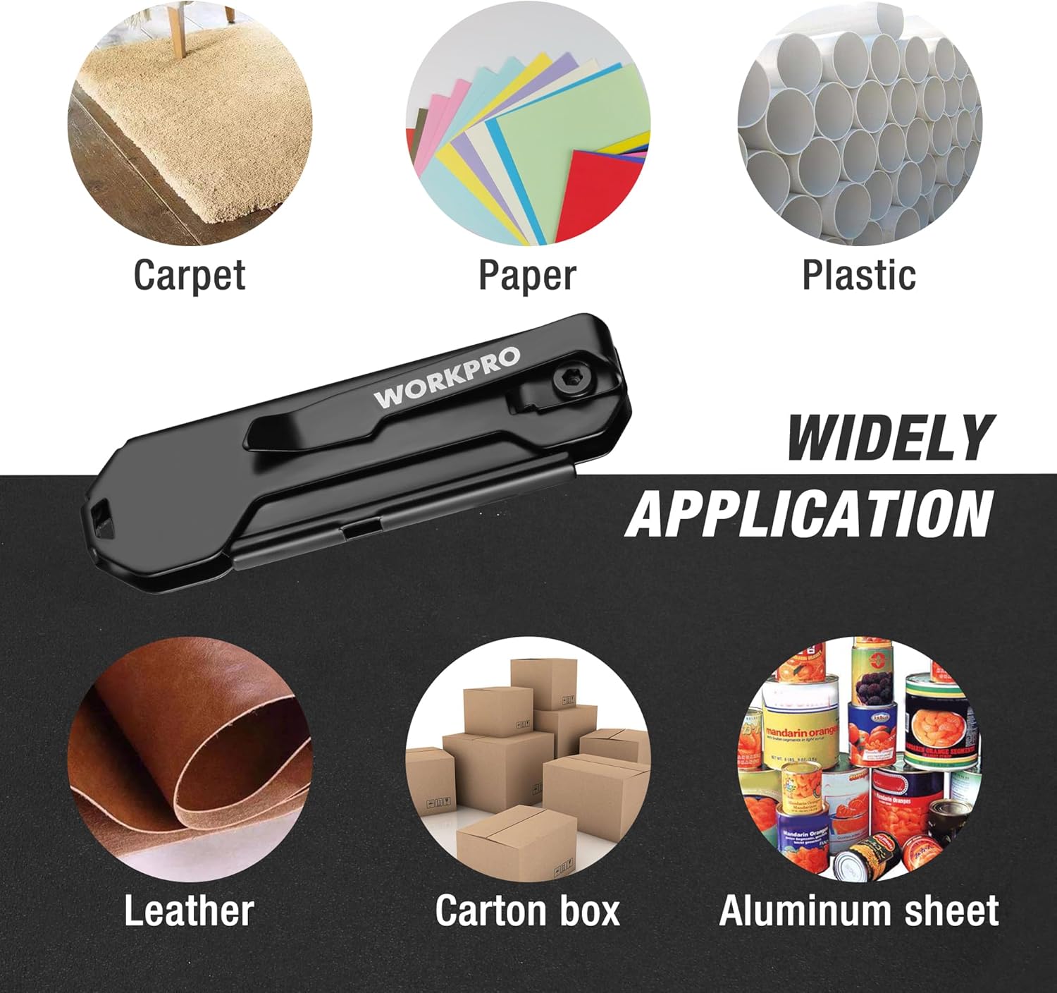 Folding utility knife showing blade for cutting carpet, paper, plastic, and cardboard.