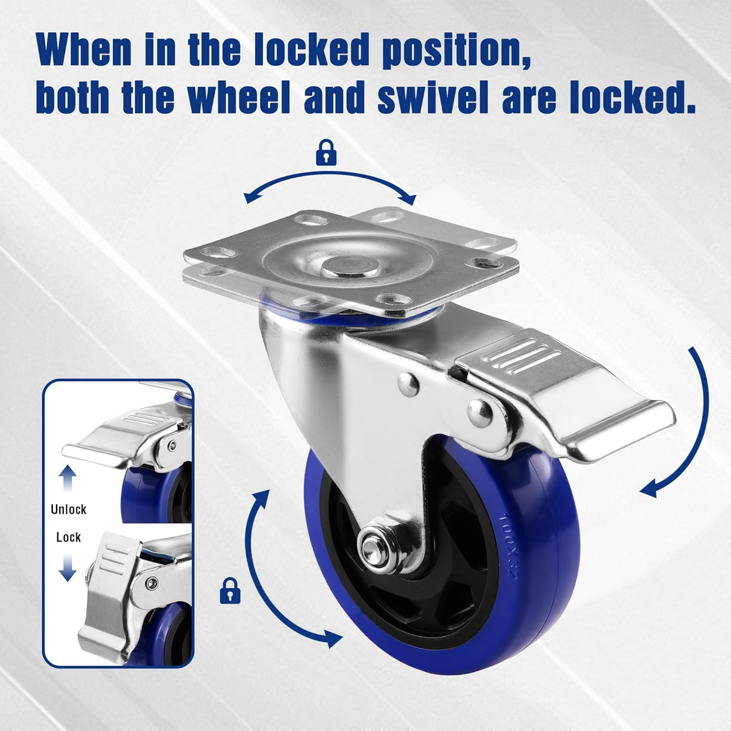 Locked swivel caster with brake, blue PU wheel, steel fork, and top mounting plate