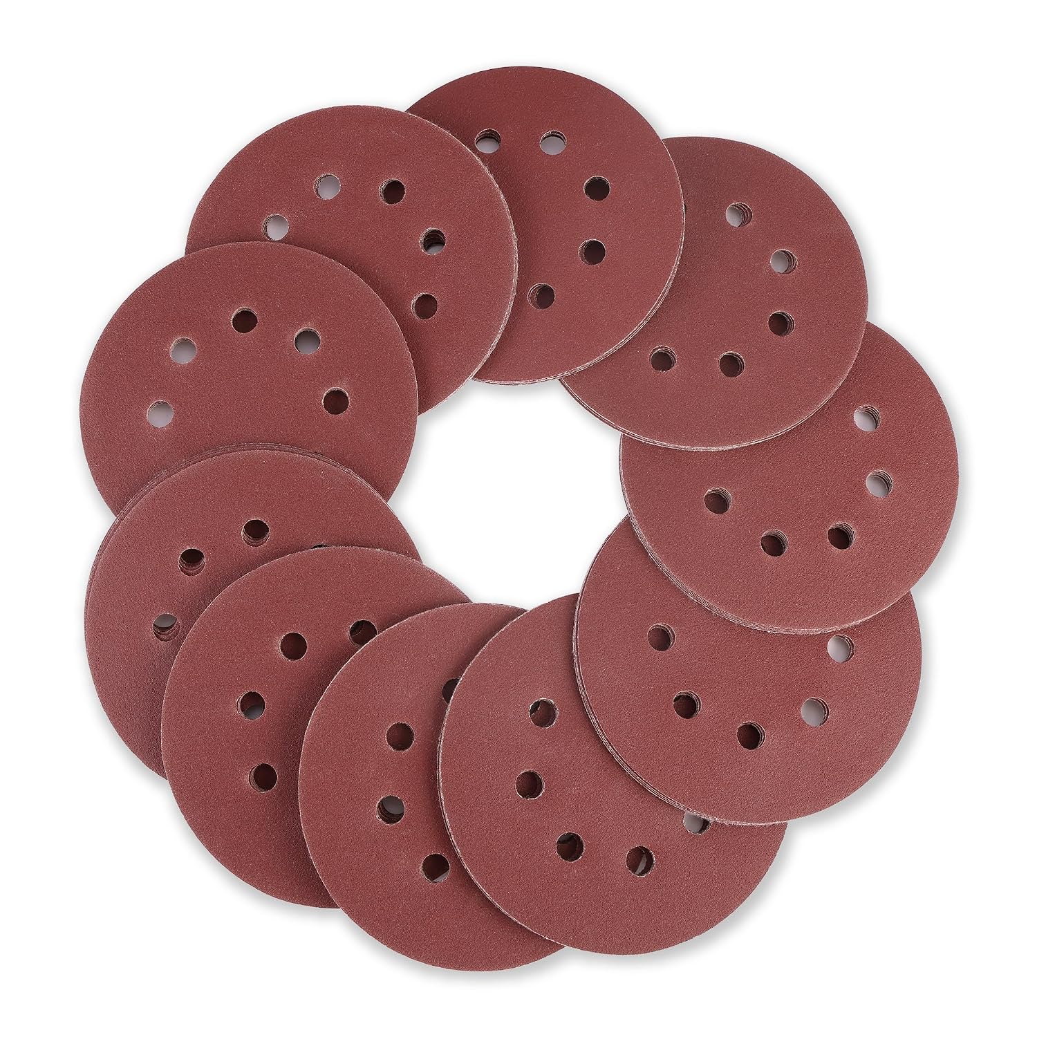 Maroon 8-hole hook-and-loop sanding discs, round pads