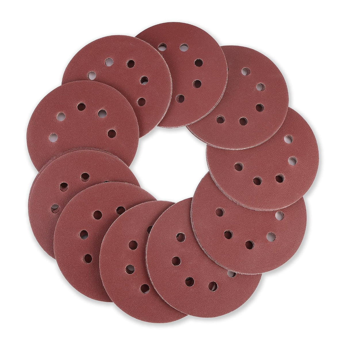 Maroon circular sanding discs with 8-hole pattern for hook-and-loop sanders