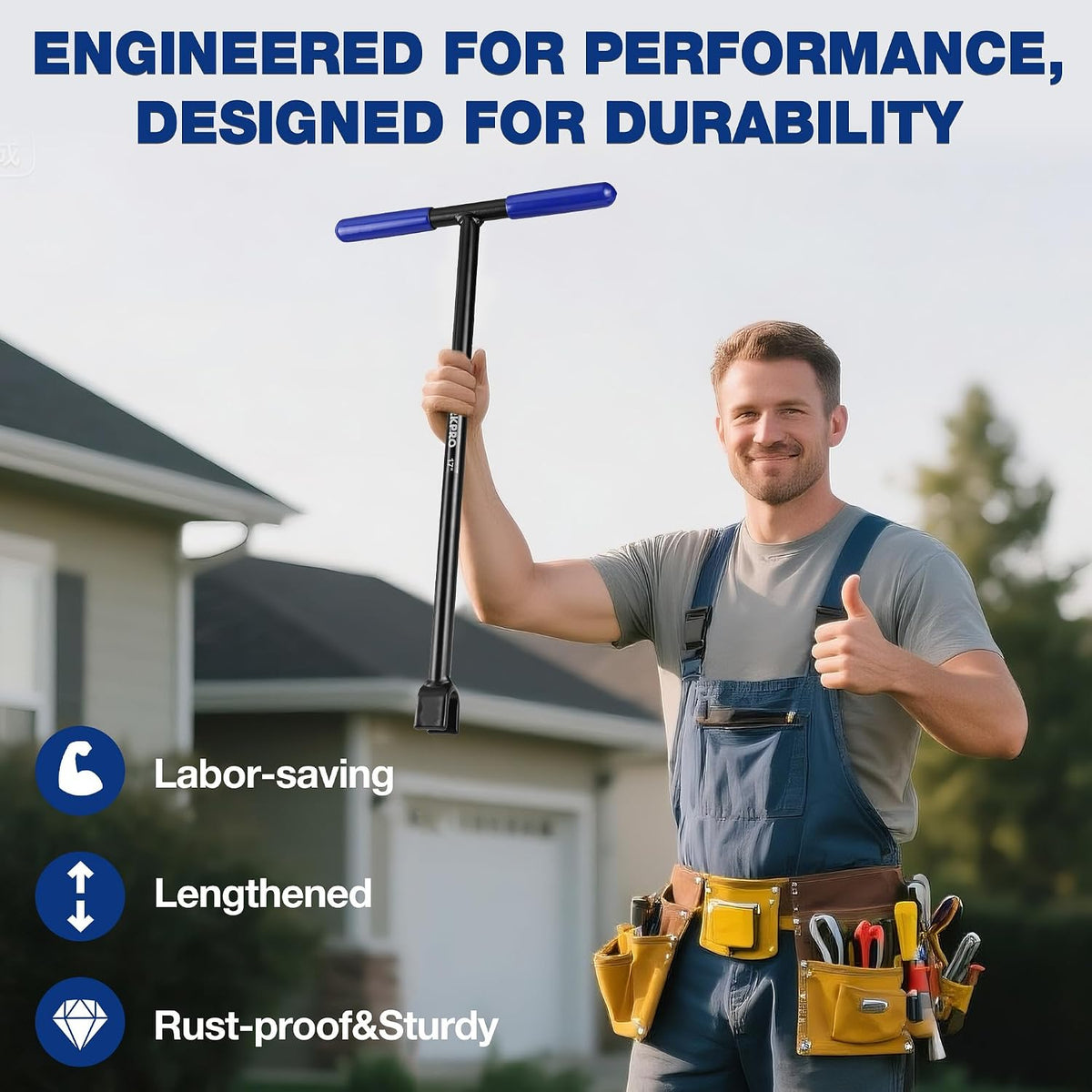 Extended reach water meter key with blue T-handle held by a worker at a home
