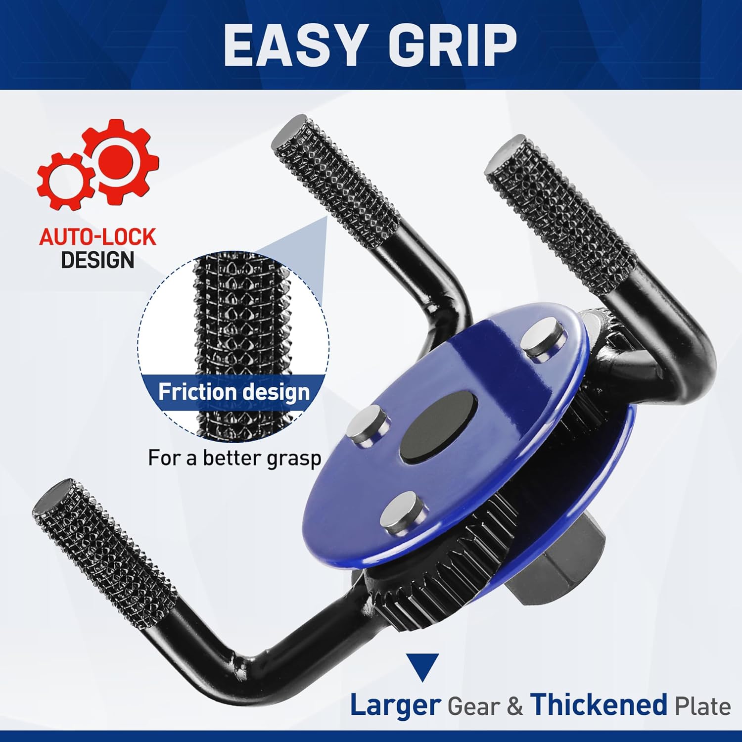 Blue oil filter wrench with textured grip wheels and U-shaped handle arms