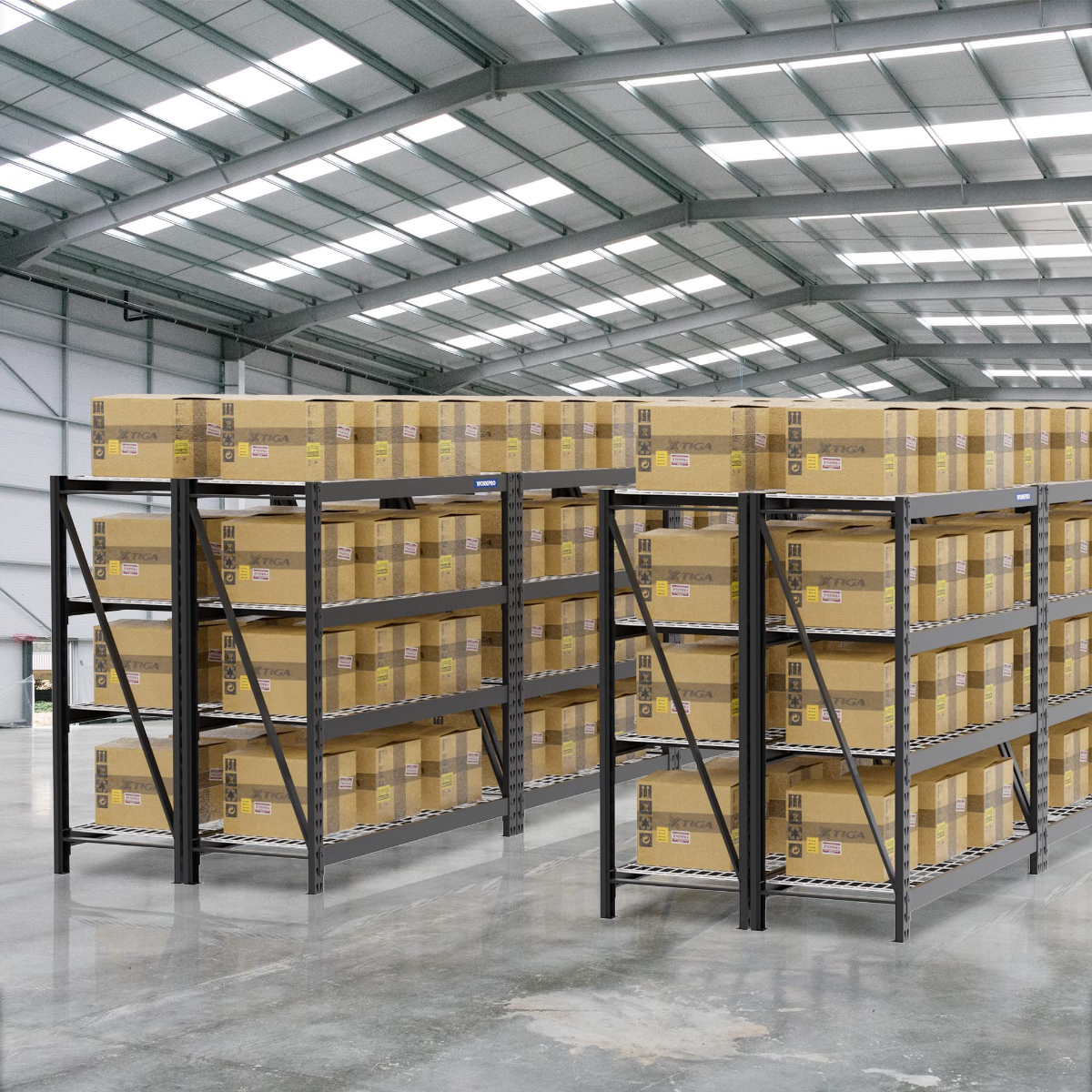 Warehouse-ready 4-tier metal shelving unit with stacked boxes and upright frame