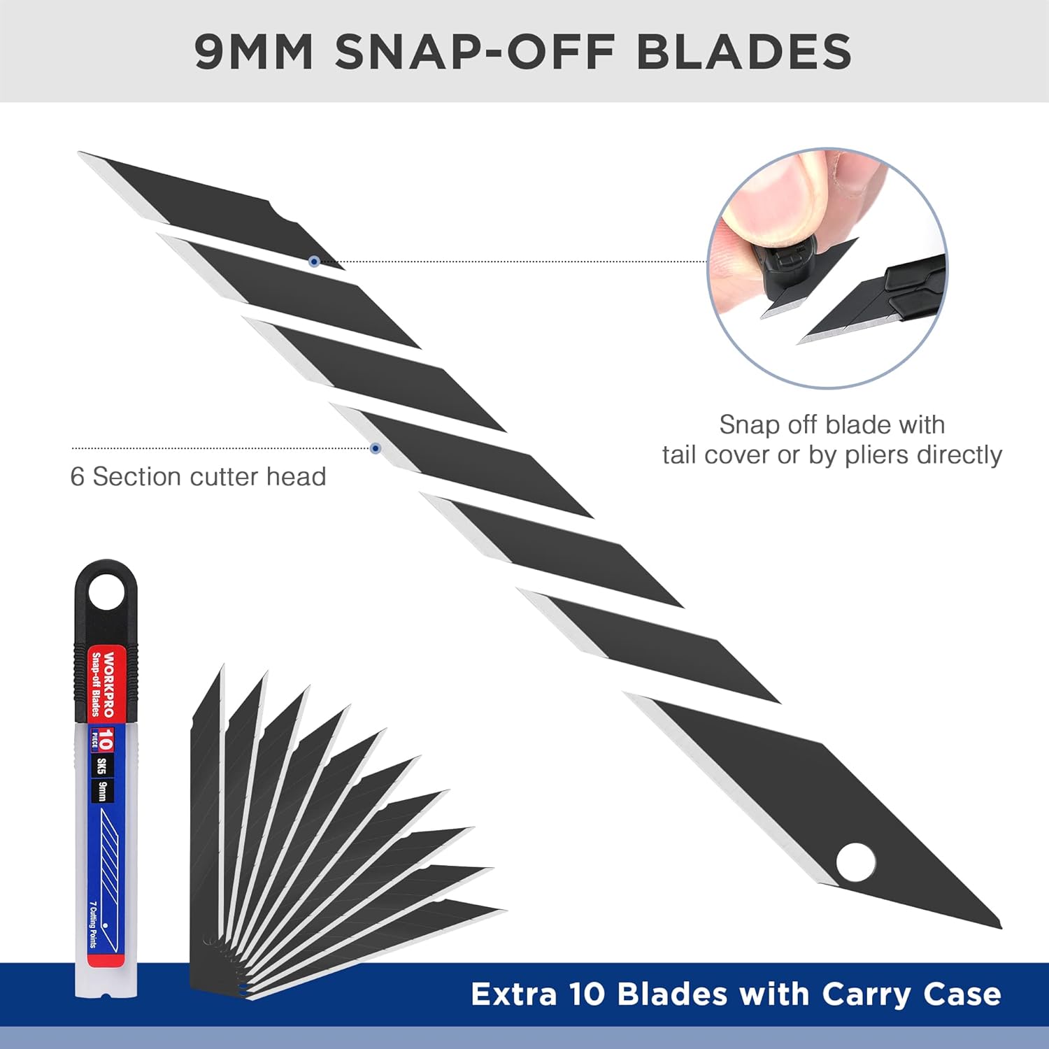 9mm snap-off cutter blades with a retractable knife, included blade pack and carry case