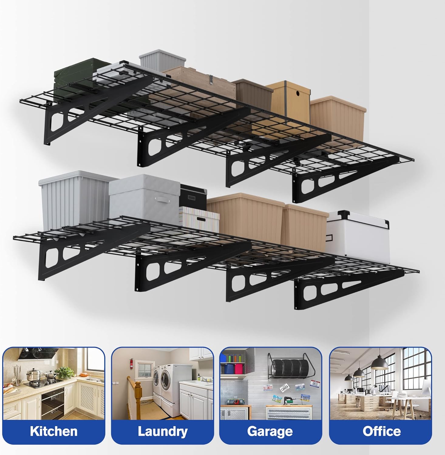 Black metal wall shelving set with wire grid shelves, heavy-duty brackets, storage bins.