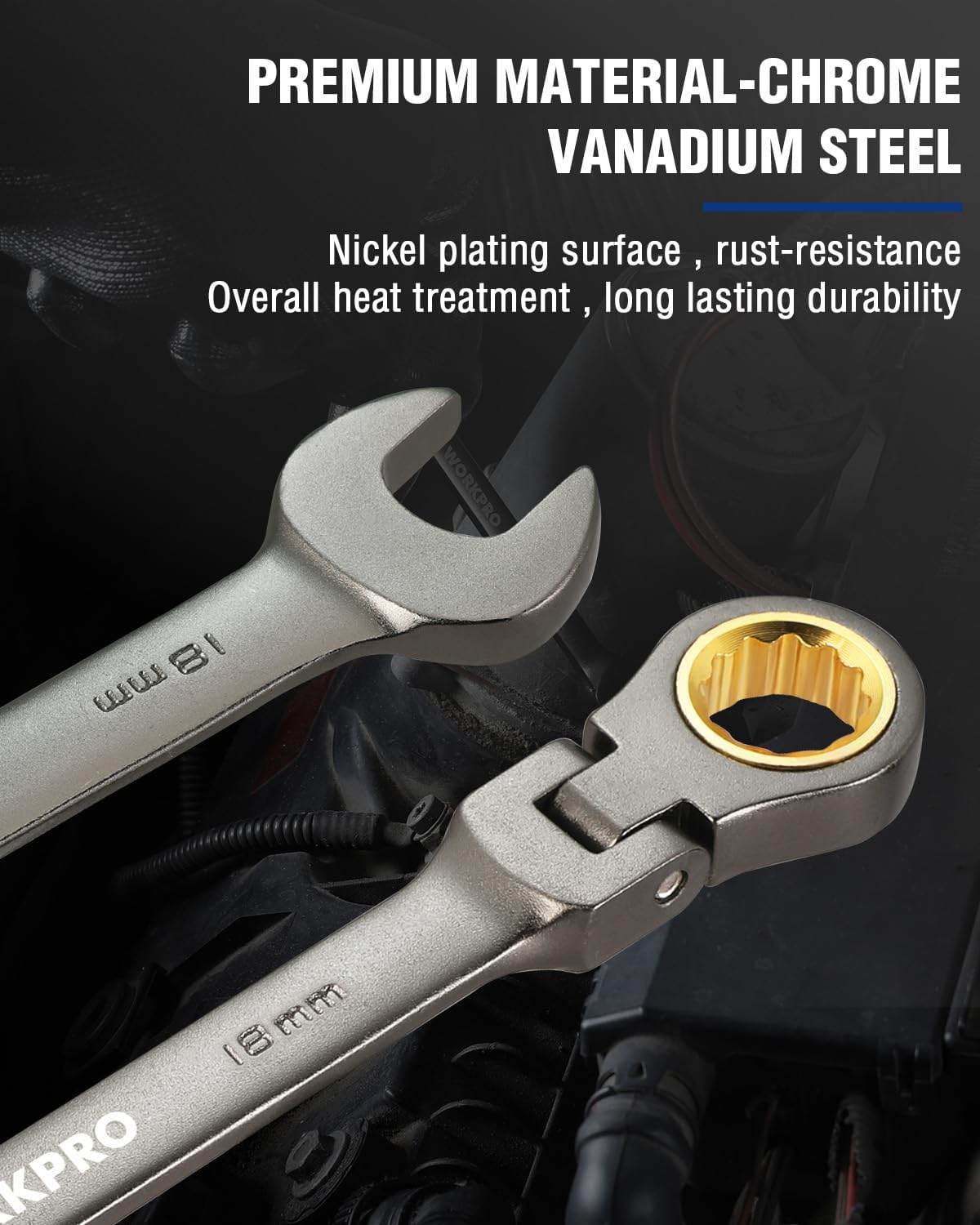 Nickel-plated 18mm flex-head ratcheting combination wrench with 12-point box, 72 teeth