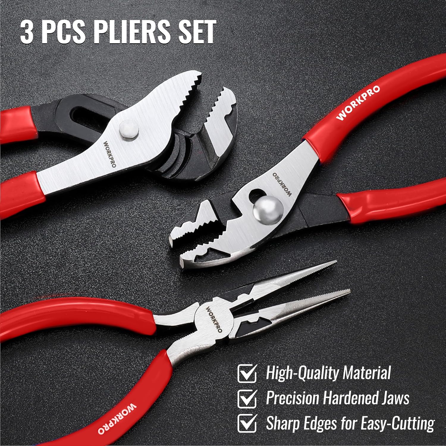 3-piece pliers set with red grips and precision hardened, sharp-cutting jaws